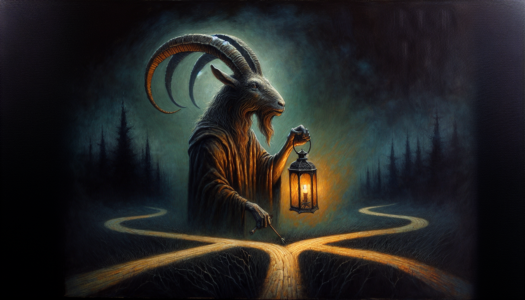 A goat-headed guardian holding a lantern over three diverging paths.
