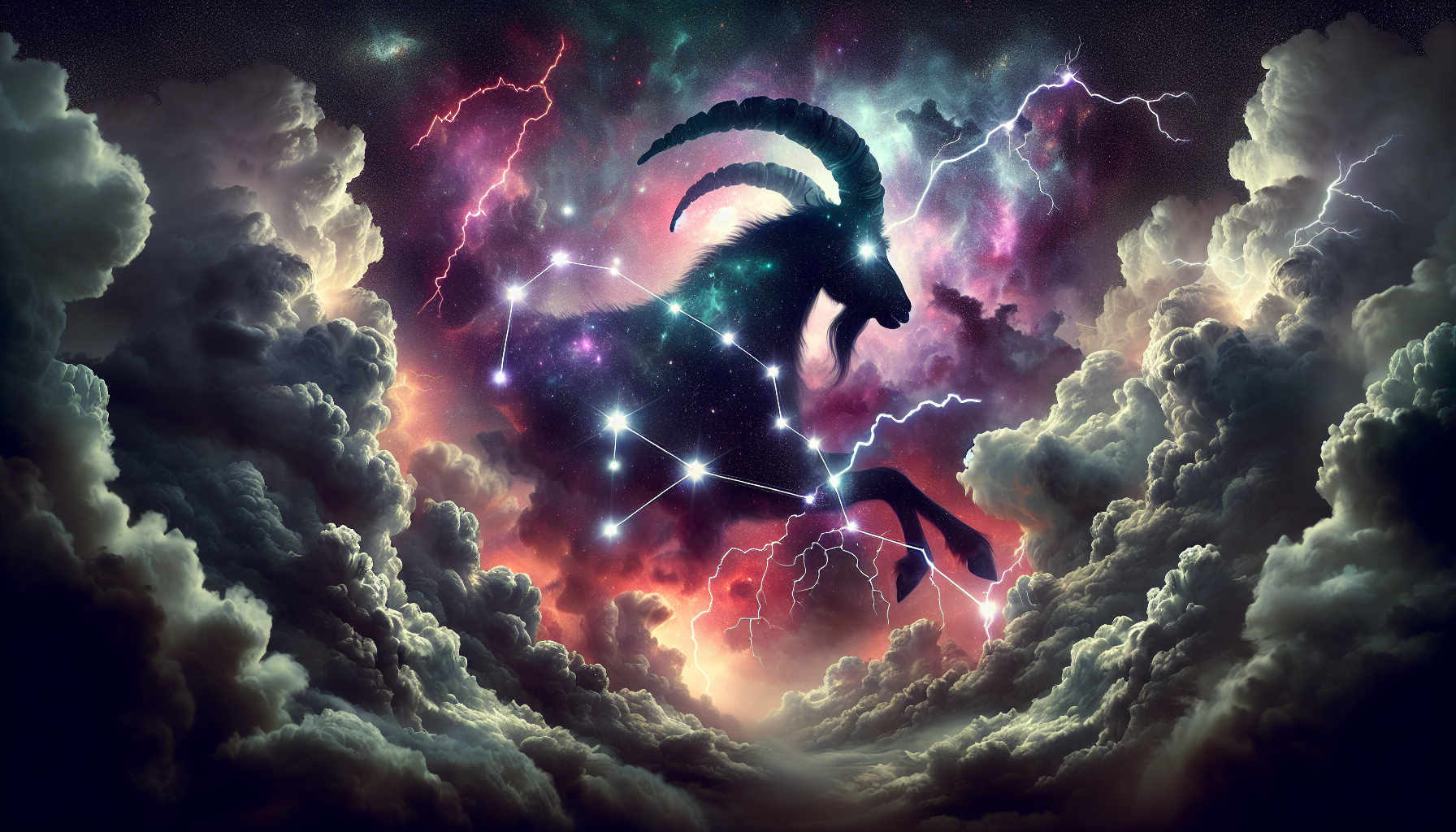 A glowing Capricorn constellation emerging through storm clouds.