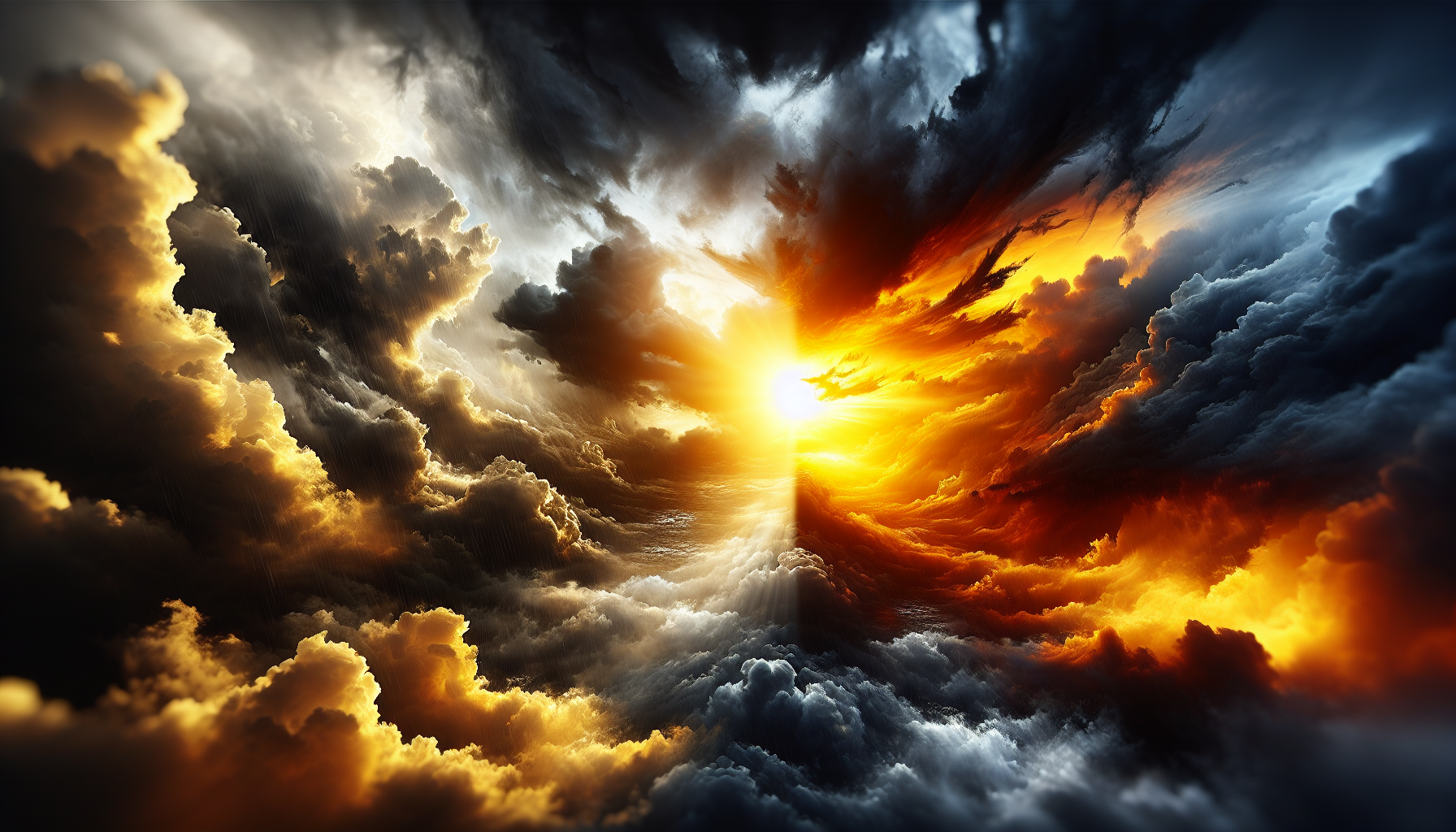 A dark, moody sky breaking open with a golden sunrise.