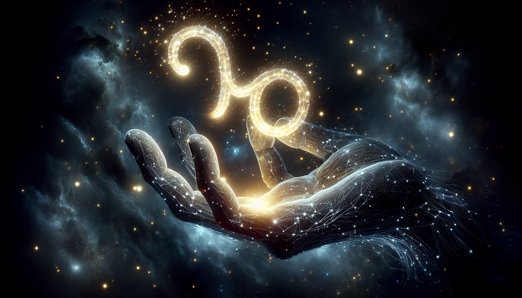 A cosmic hand lifting a Capricorn sigil from darkness.