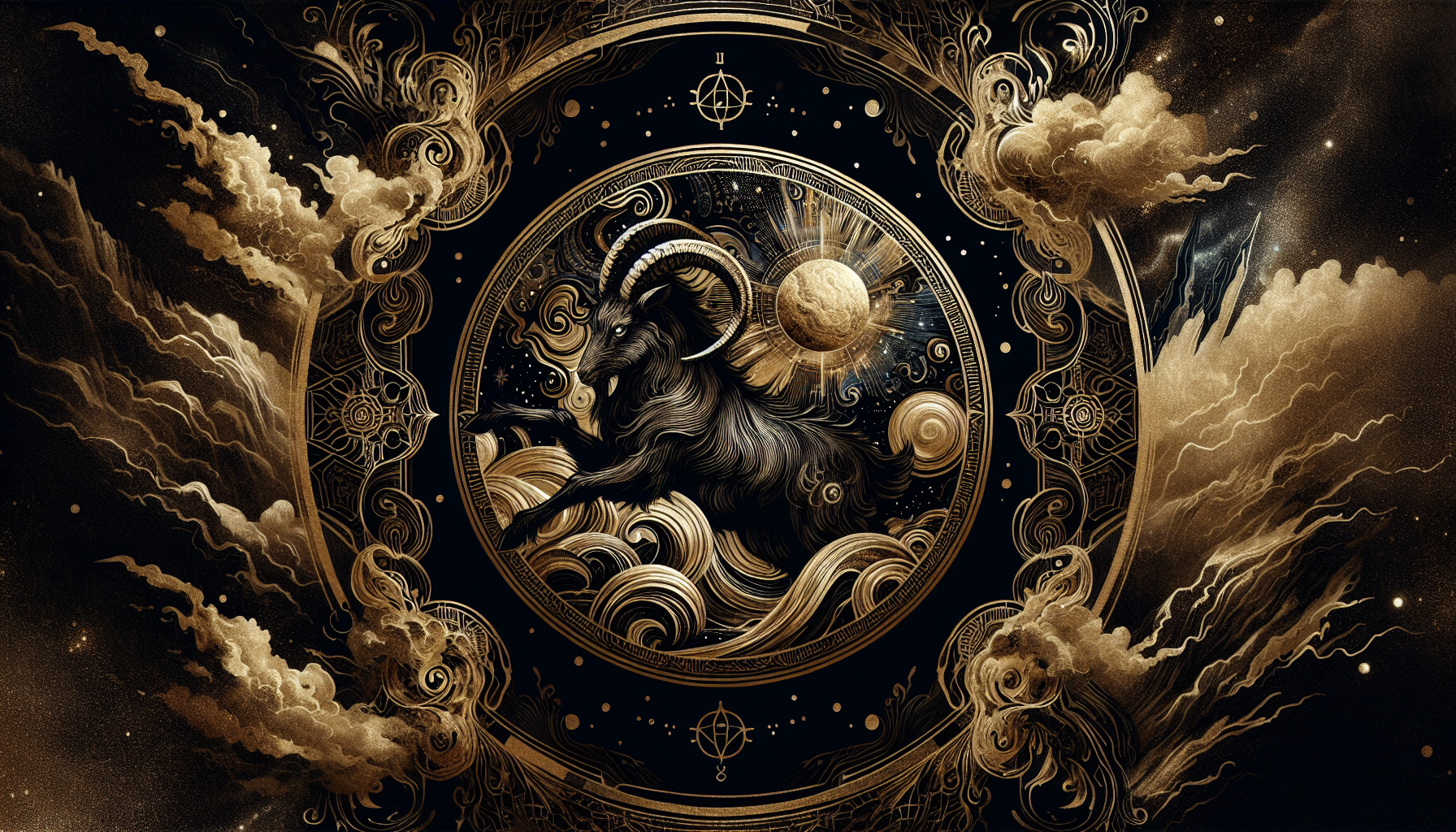 A mystical tarot card of Capricorn with black and gold details.