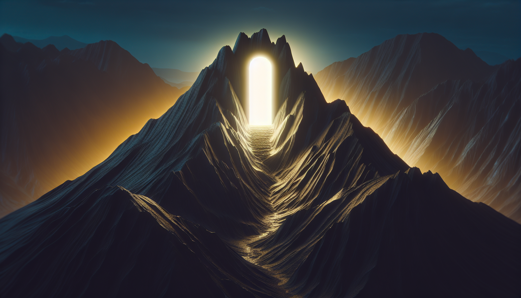 A glowing doorway opening atop a black mountain symbolizing rebirth.