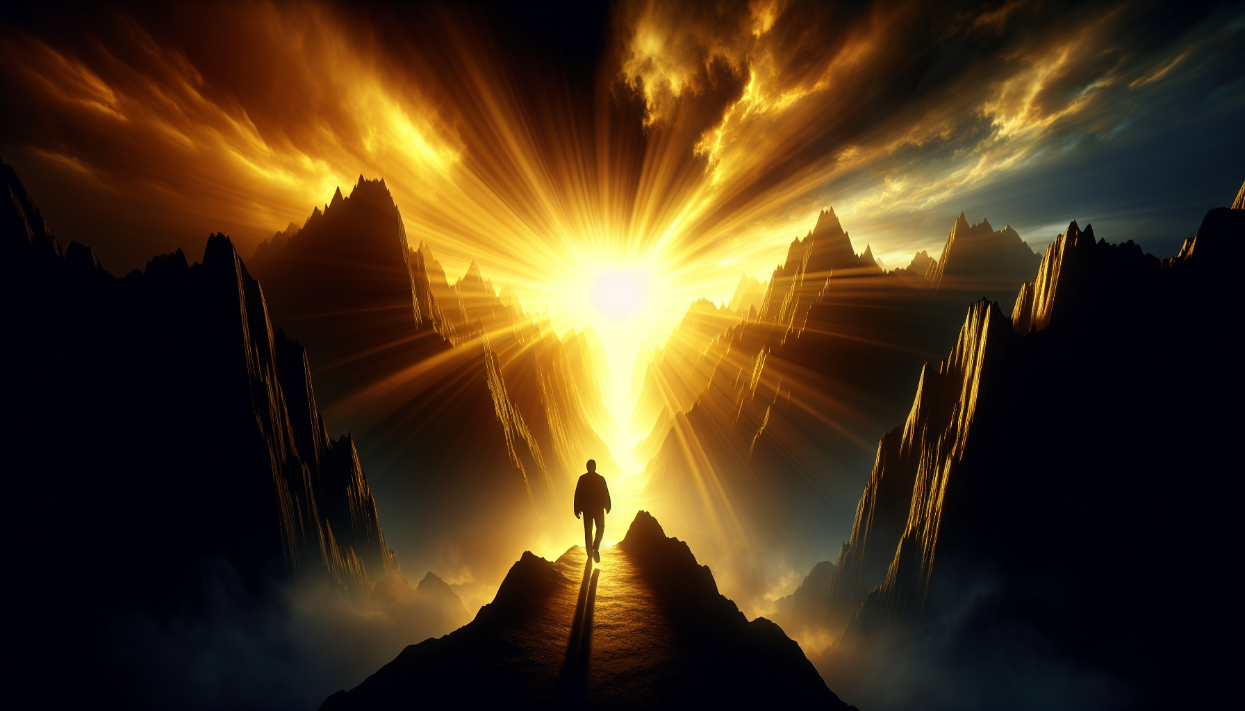A figure walking away from shadows toward golden mountain light.