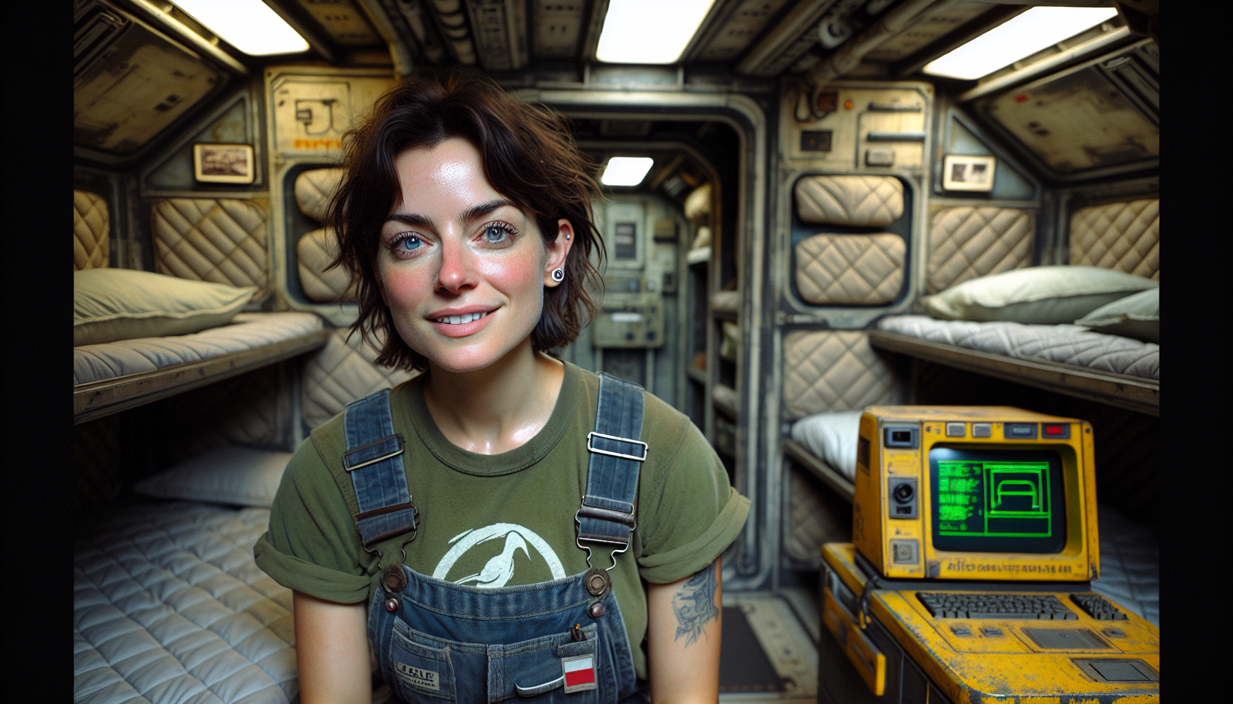 a mid 20's italian woman, single small ear piercings, happy, expectant mood, slight smile, light makeup and slight sweat from humidity, blue eyes, wearing industrial overalls with some stains and wear marks, an old green t-shirt with a silkscreened stylized bird logo, in a small crew quarters on an old but massive military spaceship, 4 bunks and 4 lockers, old fuji instax pictures on the support beams, quilted insulation on the walls, recessed lighting, old technology for ships communications, woman sitting at single desk with old yellow plasma screened laptop showing ascii art bird logo, low angle, 35mm lens, f1.4, slight haze from humidity, mostly greys and dark greens, but white for space helmets and gloves, and bright yellow safety markers on corners, and cargo bags, overall emotion is light, expectant, energetic, talking to camera