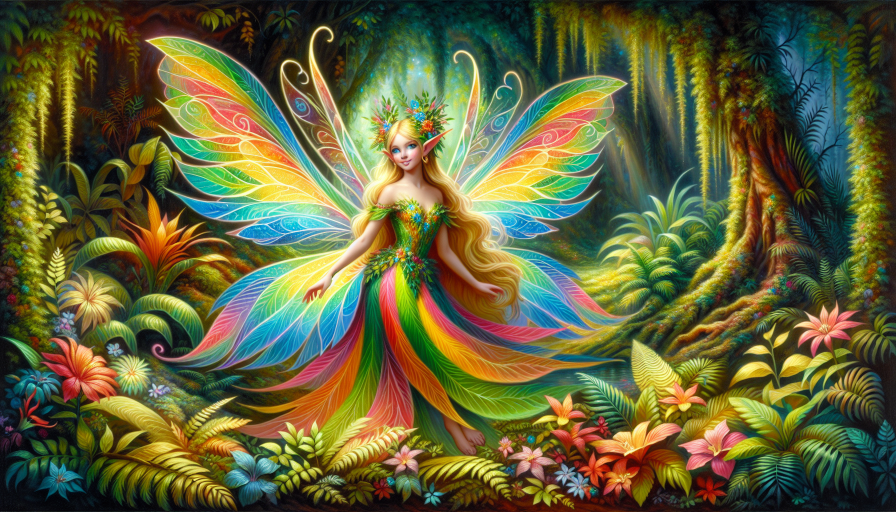  Fairy, rainbow wings, rainbow dress, floral tropical forest, realistic, photo yellow hair, blue eyes