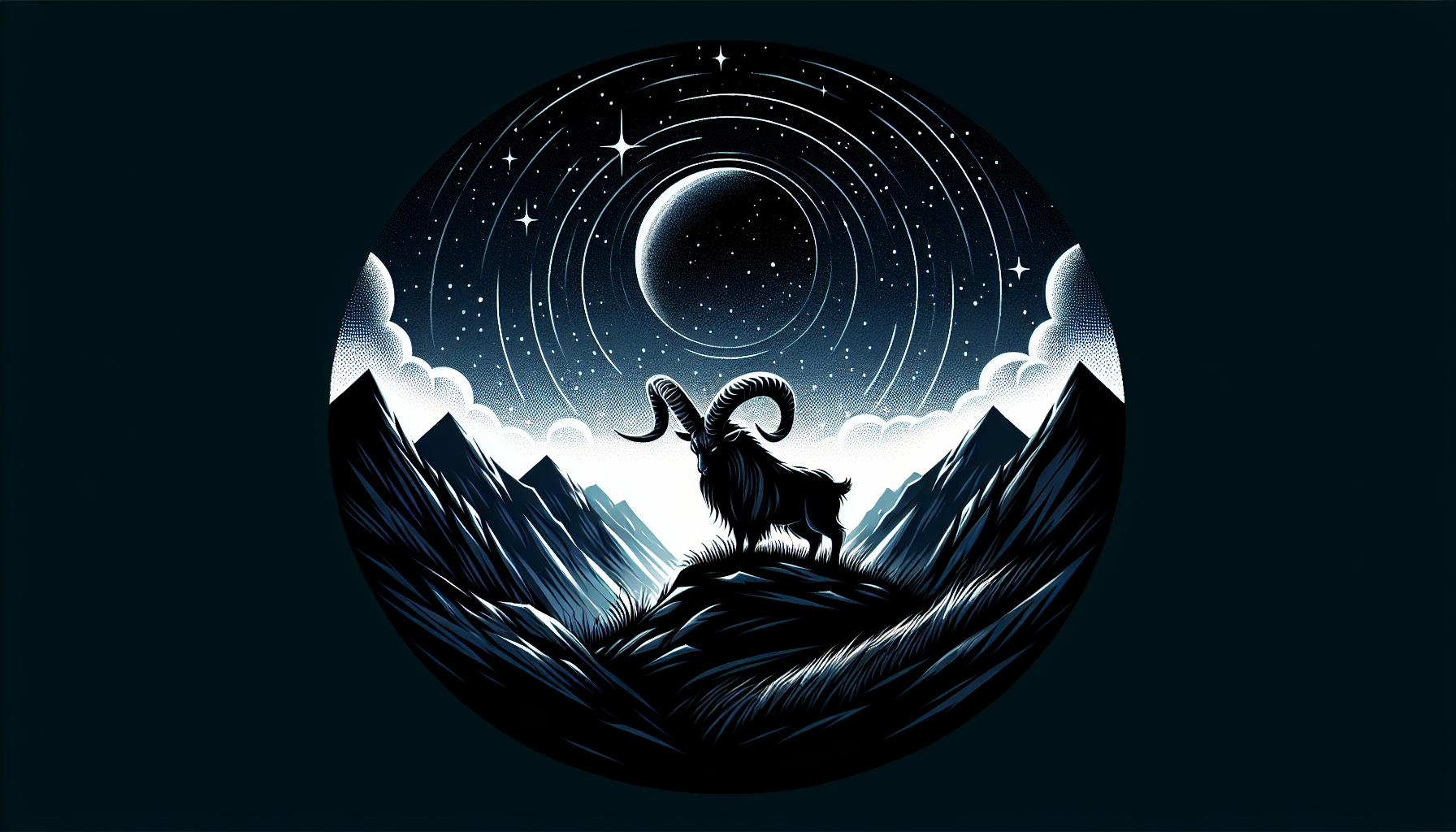 Capricorn zodiac sign dark mountain night sky mystical aura realism