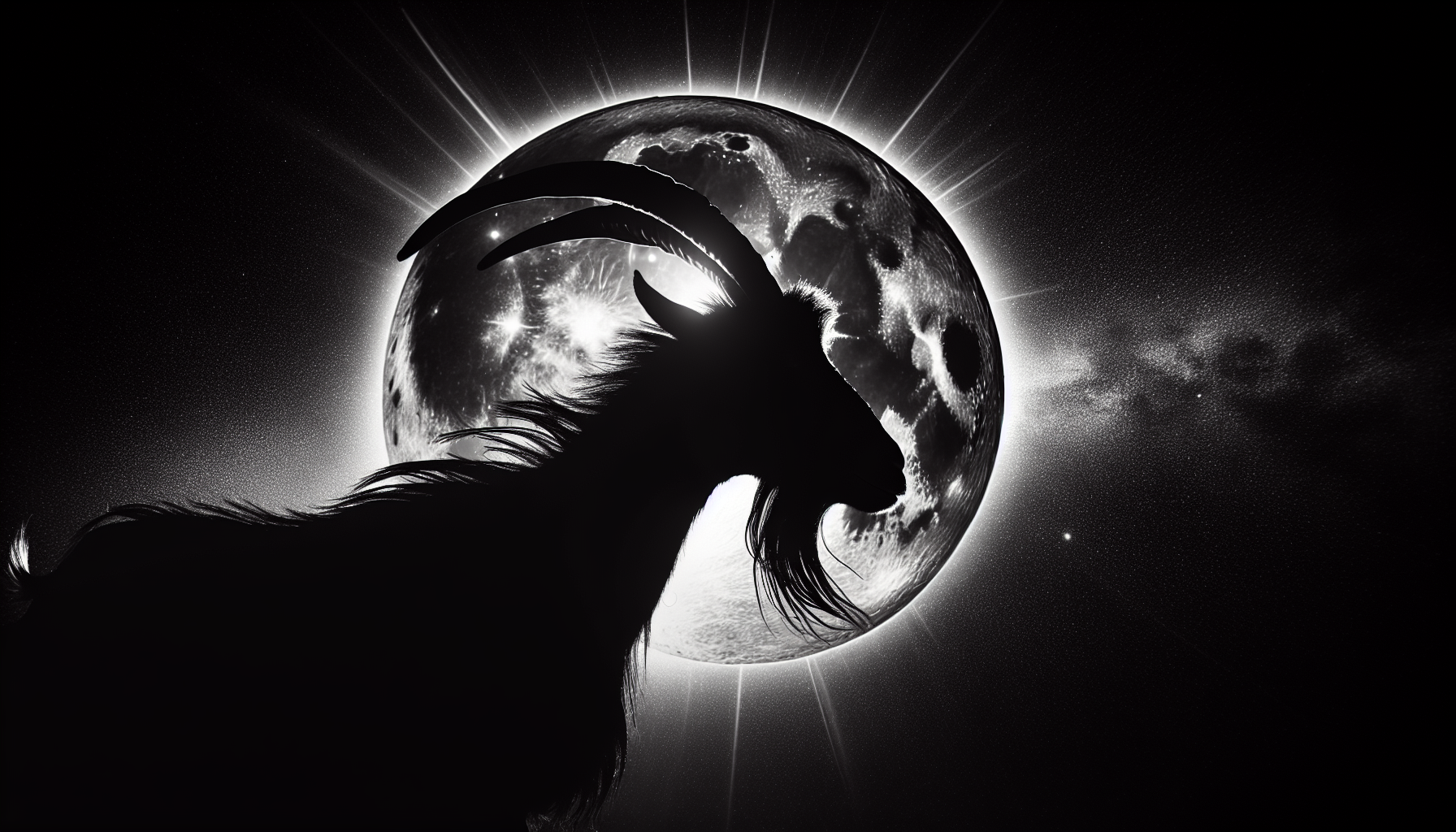 Powerful goat silhouette moonlight black dramatic energy