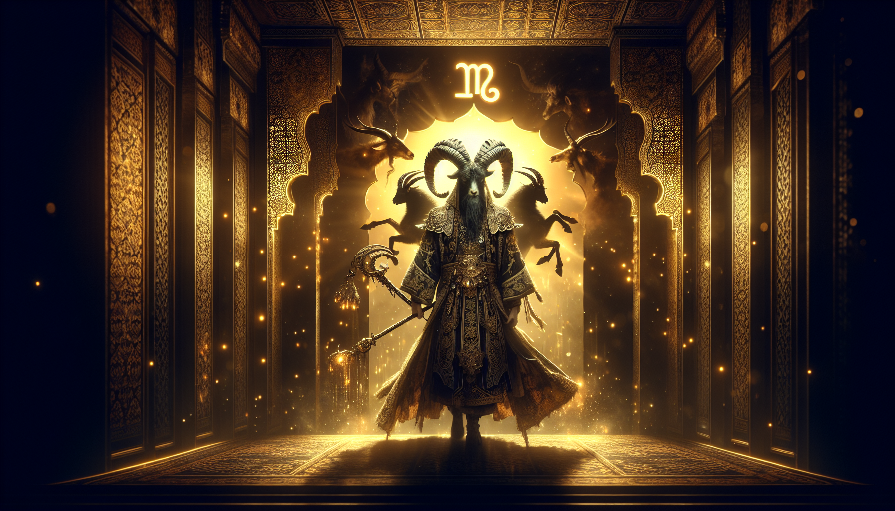 Capricorn warrior king in dark temple golden lighting