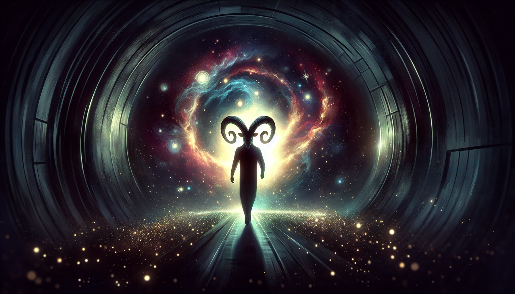 Dark tunnel Capricorn walking toward bright cosmic exit
