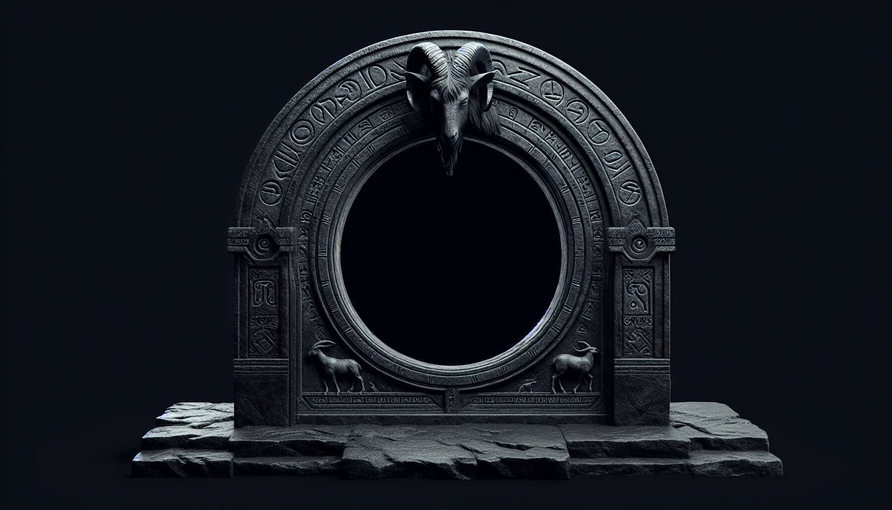 Capricorn portal doorway carved stone dark ancient