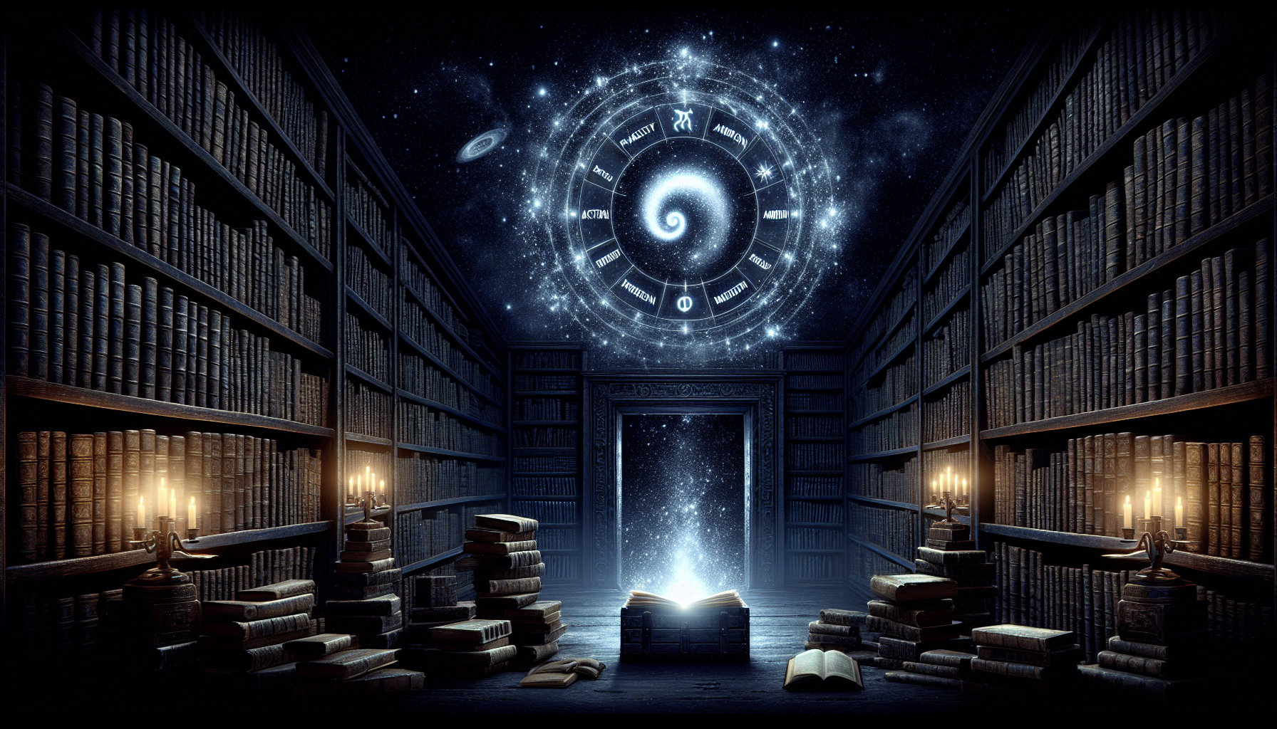 Dark library Capricorn knowledge wisdom glowing book