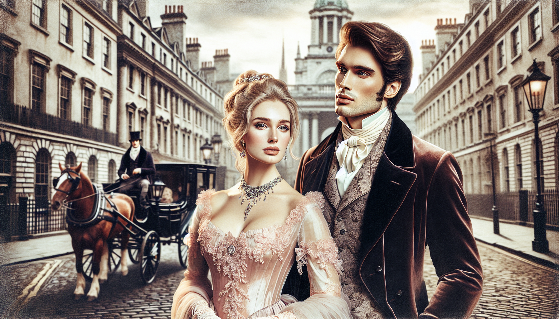 imagine A stunning romantic couple from the Regency or early Victorian era standing in a London street. The woman has elegant blonde hair, fair skin, and wears a pale pink silk gown with lace details and jewelry. The man is handsome, with  brown hair, strong features, and wears a dark velvet coat with a cravat and waistcoat. Background of 19th-century London architecture, cobblestone streets, and carriages. Cinematic lighting, painterly style, ultra-detailed, realistic oil painting illustration, romantic atmosphere. --ar 3:4 --style raw --v 6 --q 2 --chaos 10 --s 700