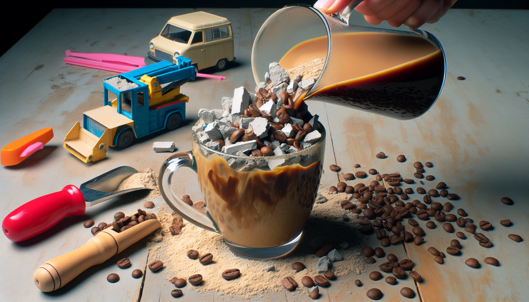 j'aimerais que tu me créer au format 9:16 une image d'un café un peut particulier ce serais un café a boire melanger a des morceaux de gravat dedans


