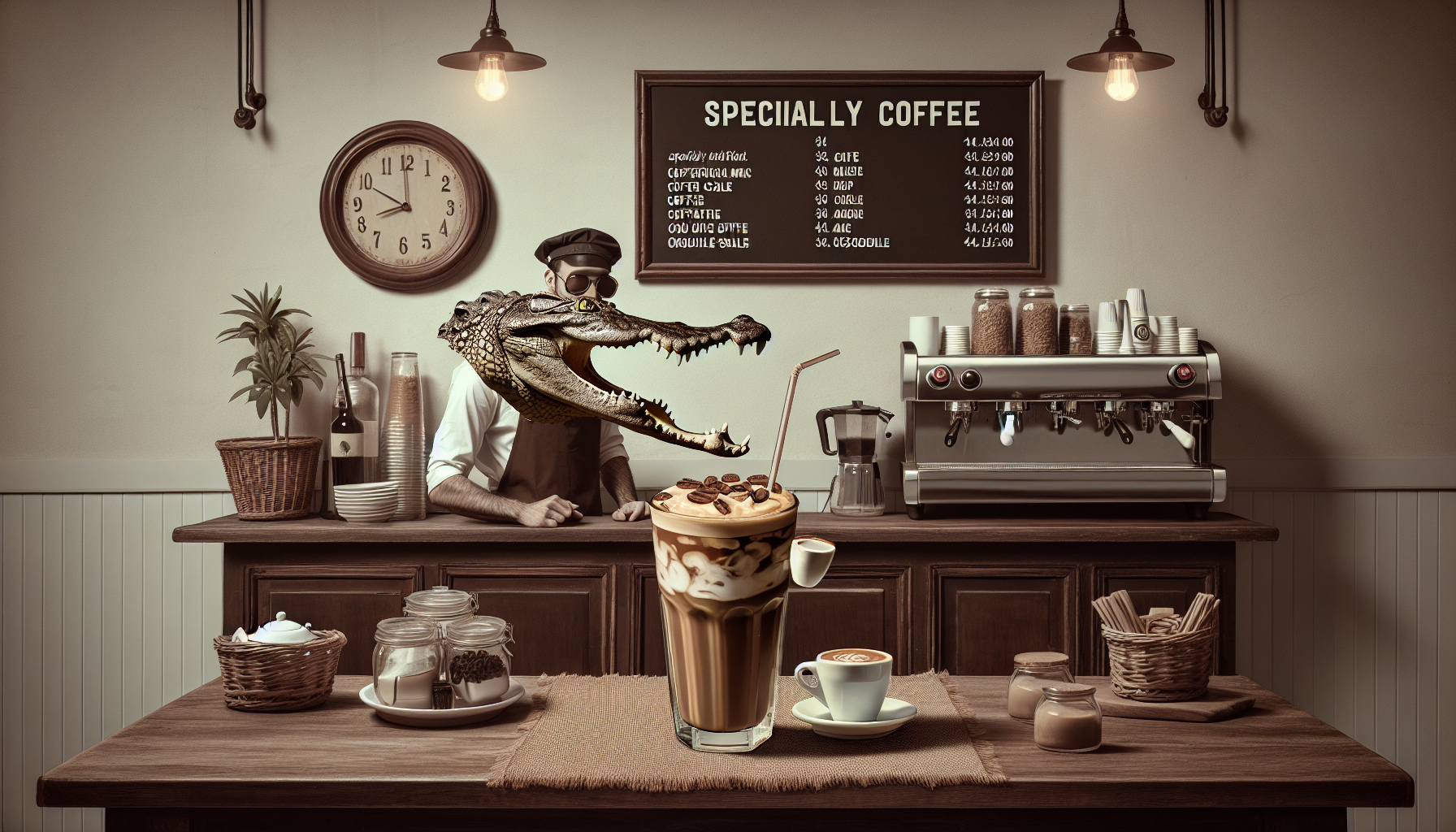 j'aimerais que tu me créer au format 9:16 une image d'un café un peut particulier ce serais un café a boire melanger a des ecaille de crocodile




