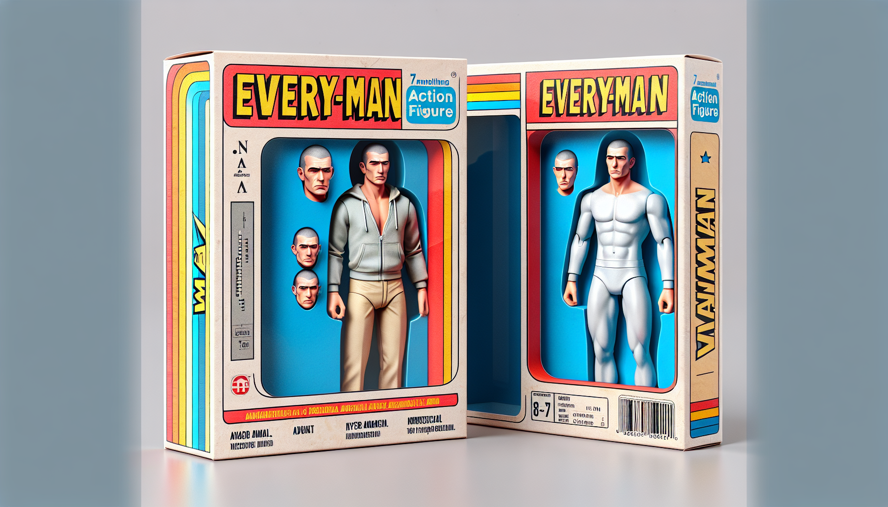 Realistic figure action style box figure of a person, white background, toy packaging, name on the box: 7A.M.”