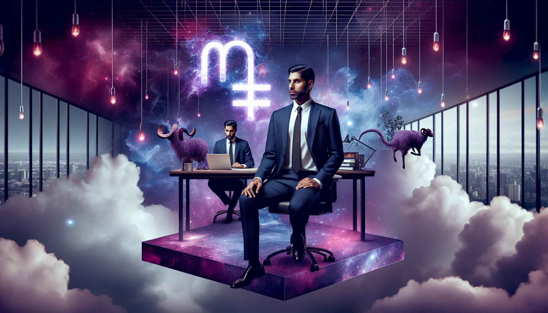 A modern Capricorn business leader in a surreal office floating among dark purple clouds, magical realism.