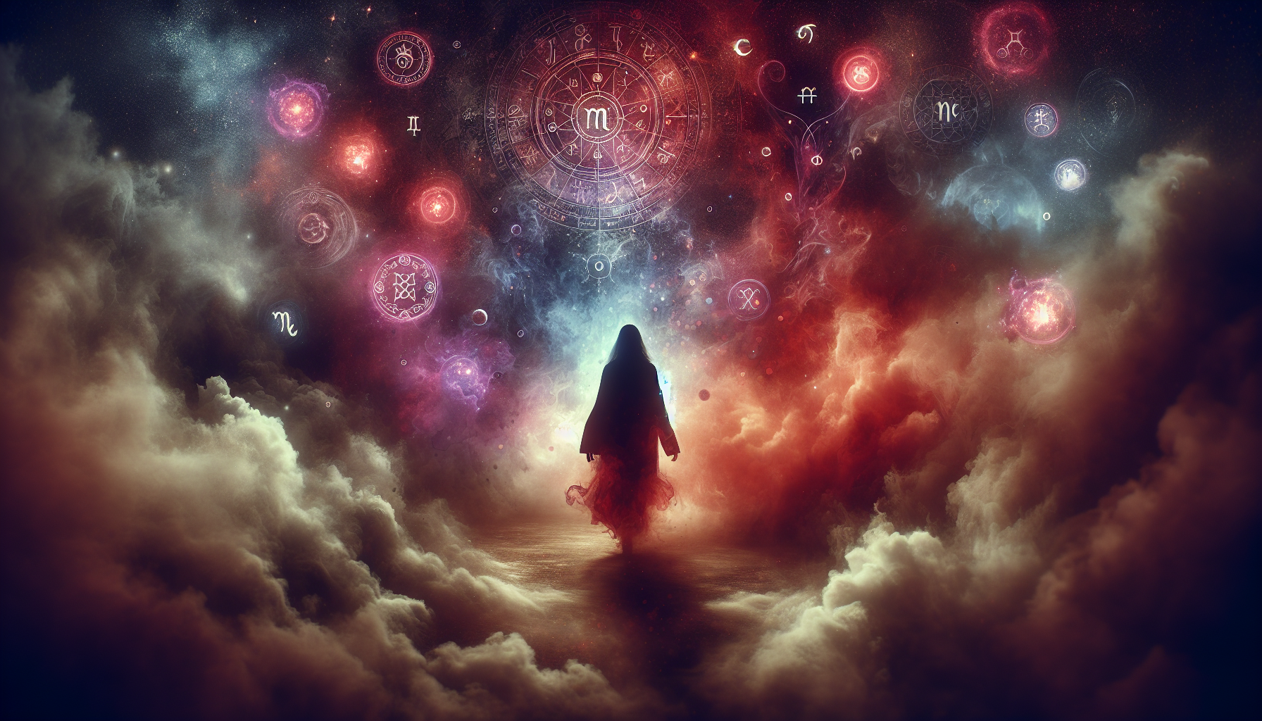 A lone Capricorn figure walking through cosmic fog with glowing sigils hovering around, dark red and purple tones.