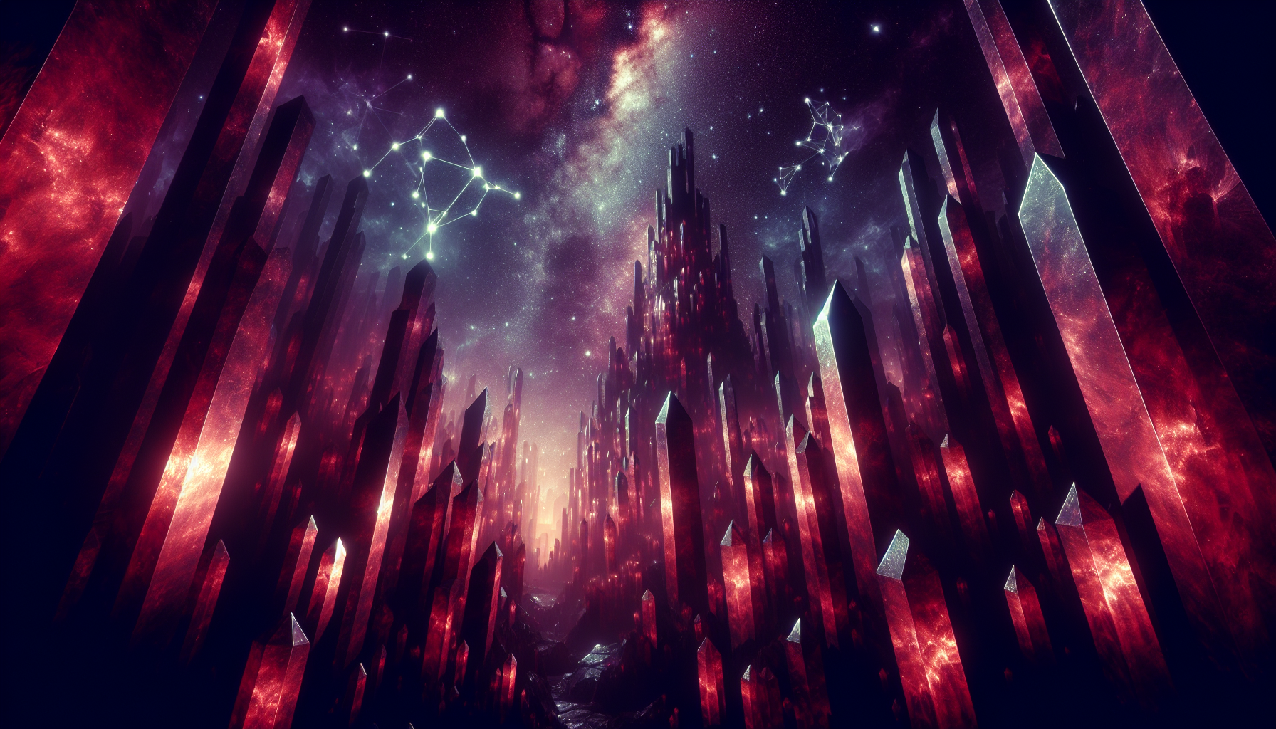 A surreal forest of dark red and purple crystals, Capricorn constellation shining through the sky, magical style.