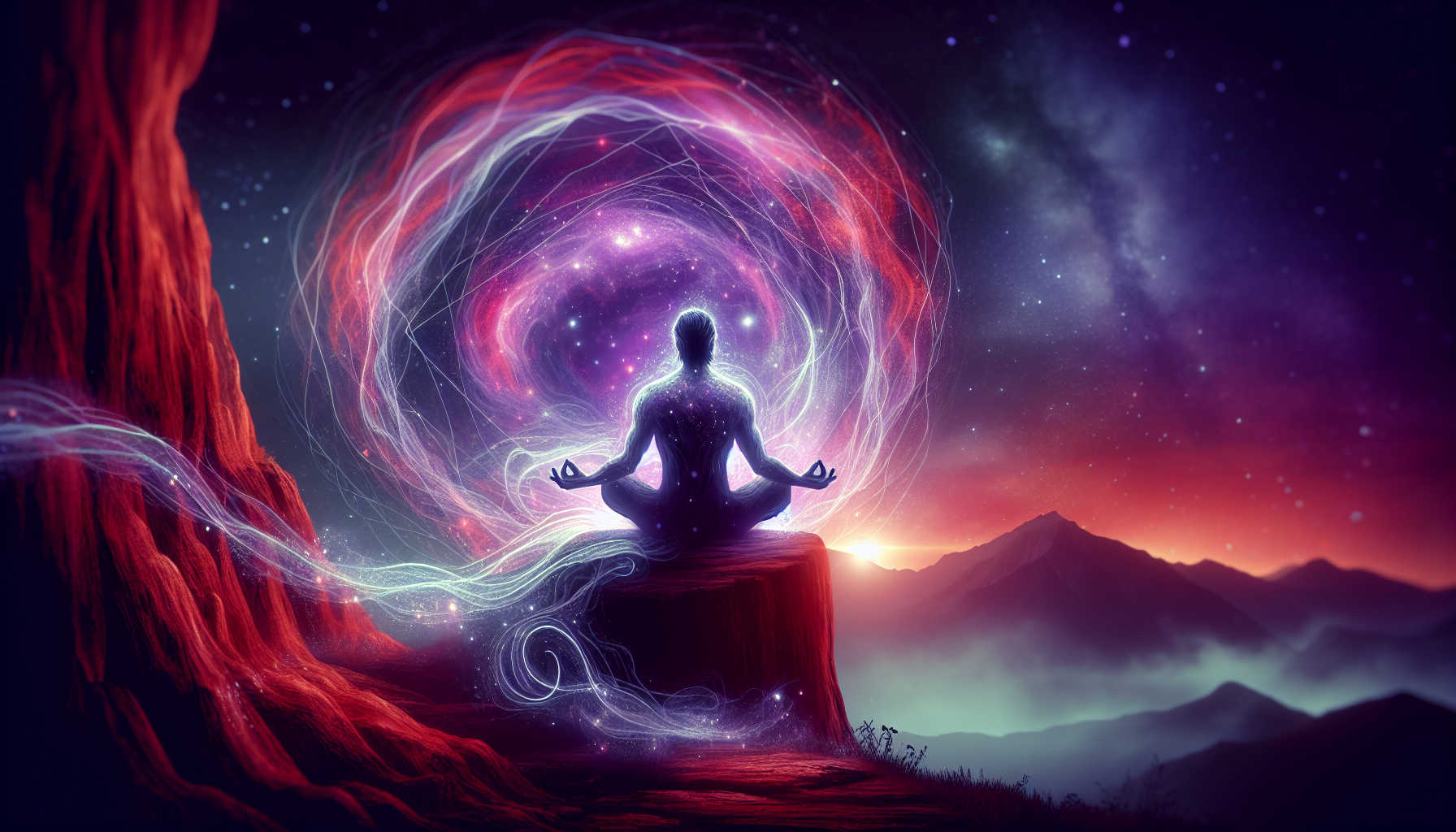 A lone figure meditating on a cliff with glowing red and violet Capricorn aura surrounding, cosmic energy.