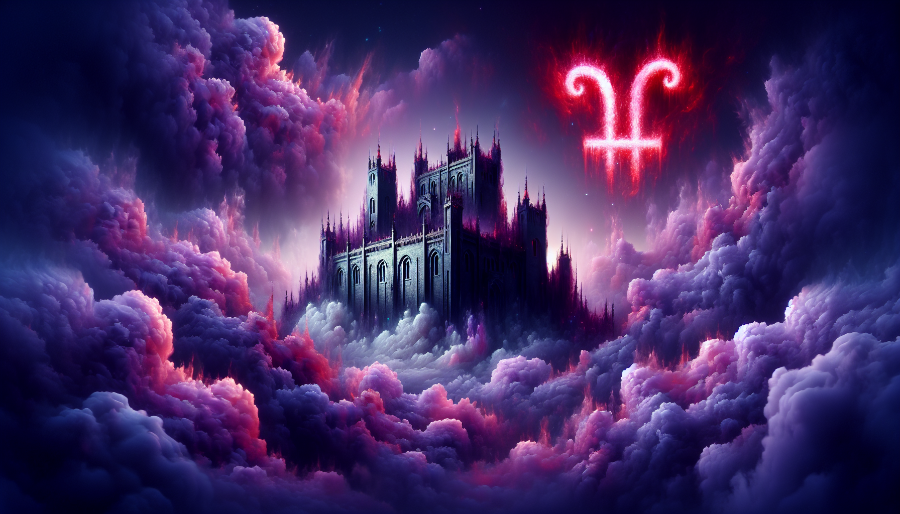 A surreal dark castle floating in violet clouds, glowing red Capricorn symbol above, cinematic fantasy art.