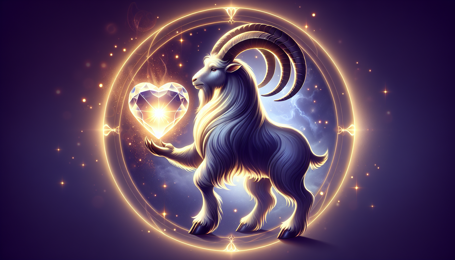 Capricorn holding crystal heart protected by glowing shield