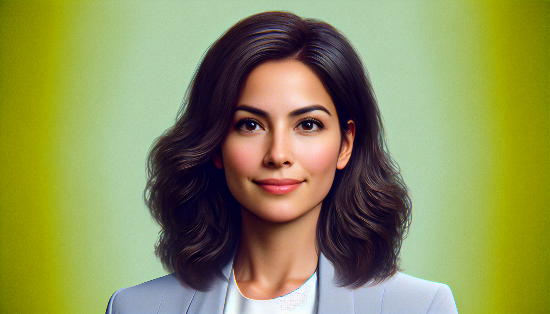 friendly female AI manager portrait, soft smile, business casual, natural light, mint green background

