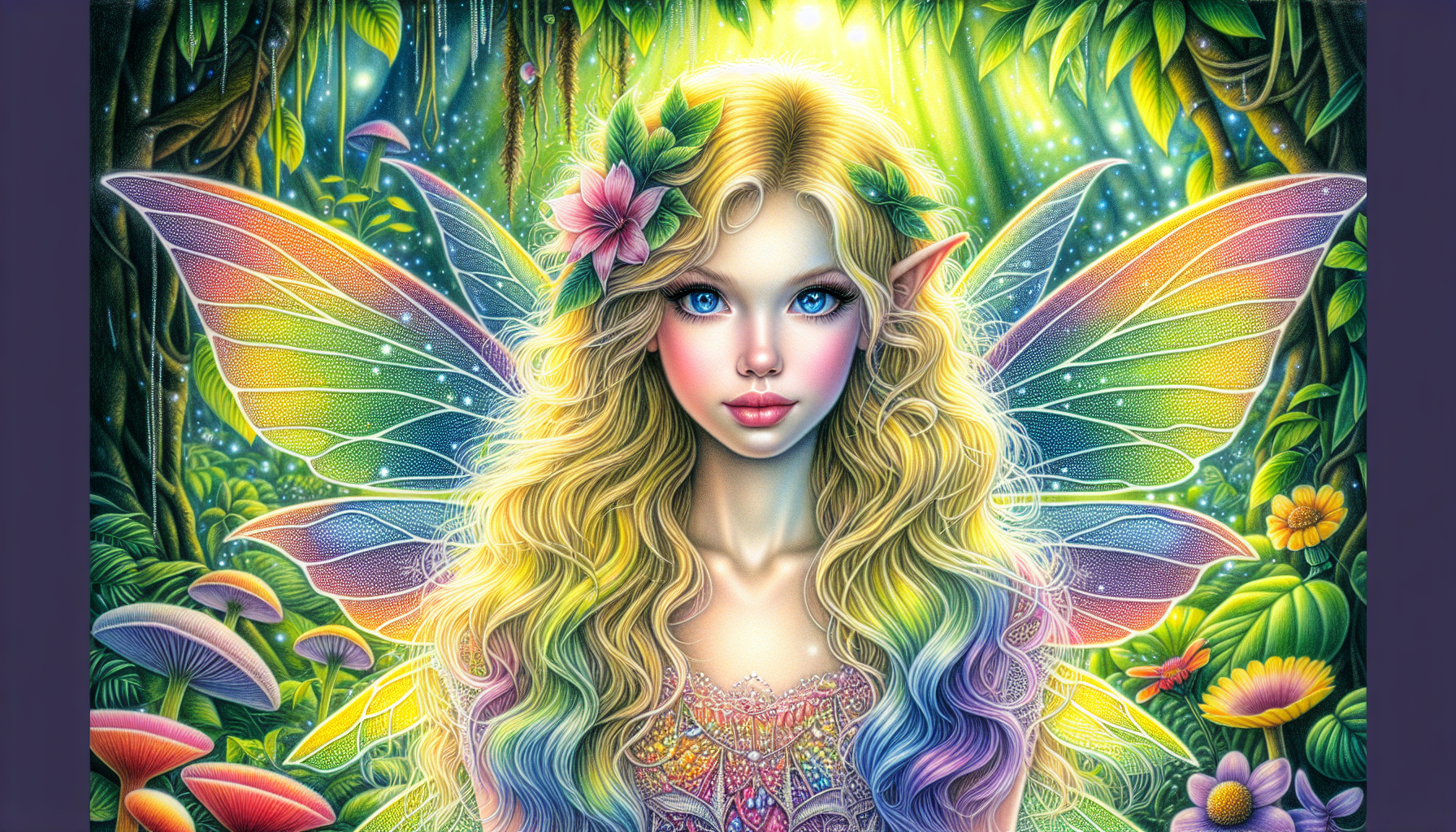  Fairy, rainbow wings, rainbow dress, floral tropical forest, realistic, photo yellow hair, blue eyes