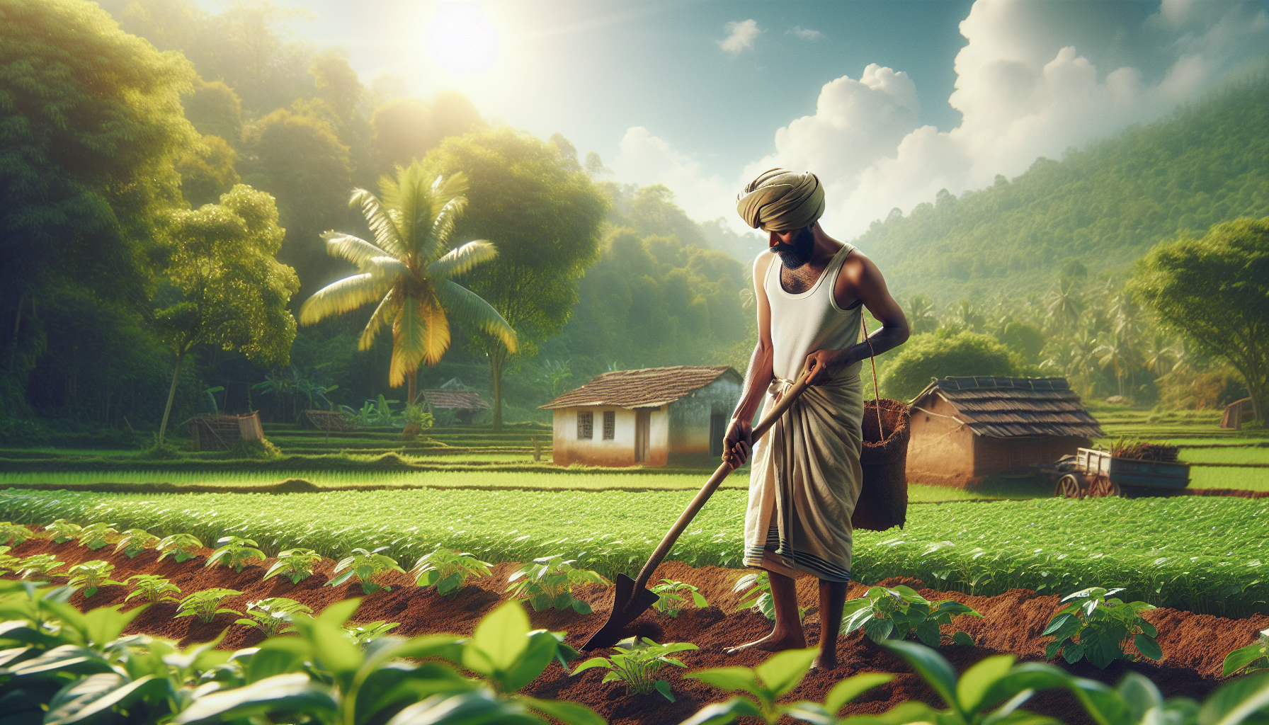 A hardworking Indian farmer wearing simple dhoti and turban, working in a green farm under bright sunlight, holding a spade, natural village background, same farmer to be used in all scenes.
