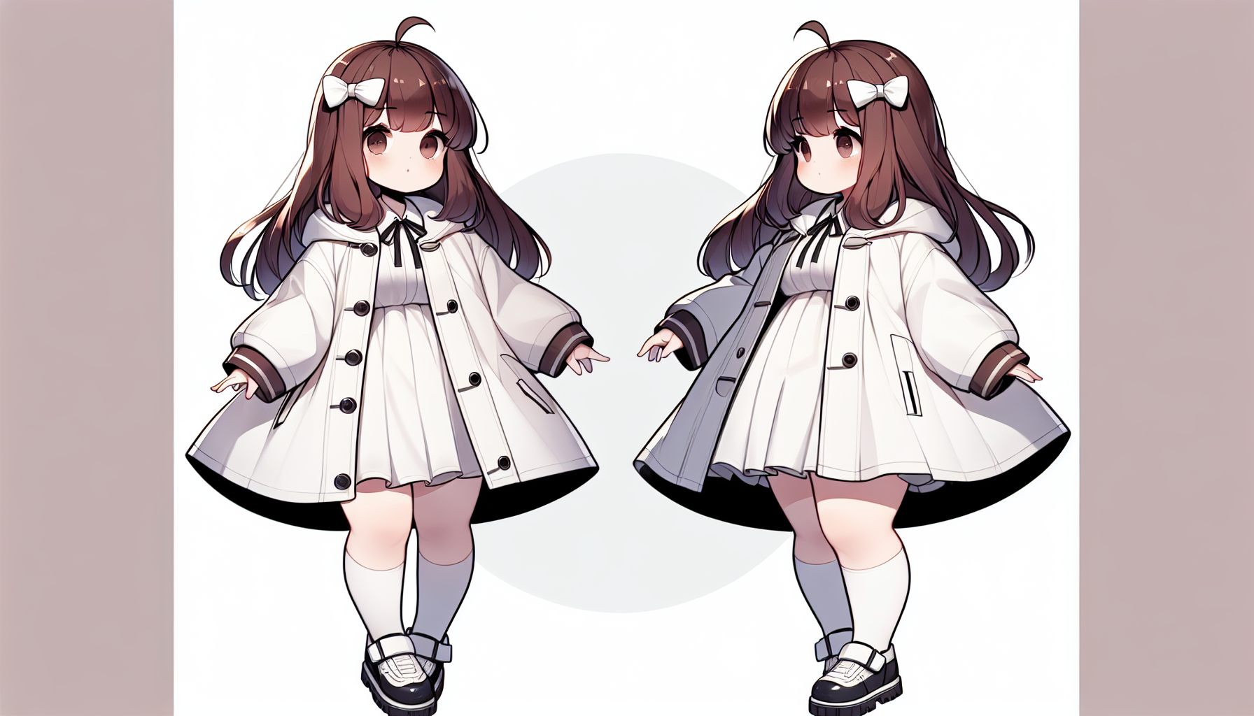 ふくよか
女の子
かわいい
白いコートを着ている
肩を出した服装
白い靴を履いている
