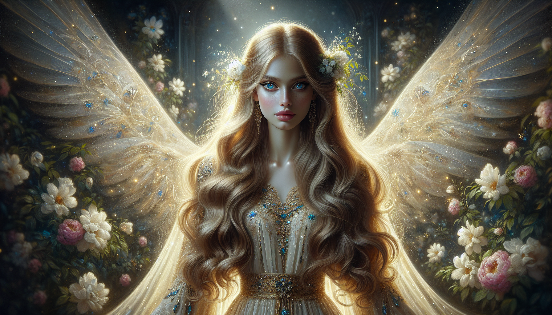  A beautiful maiden, a long, glowing dress, white wings, long, flowing yellow hair, blue eyes, a fairytale atmosphere, magical flowers, a portrait, realistic art