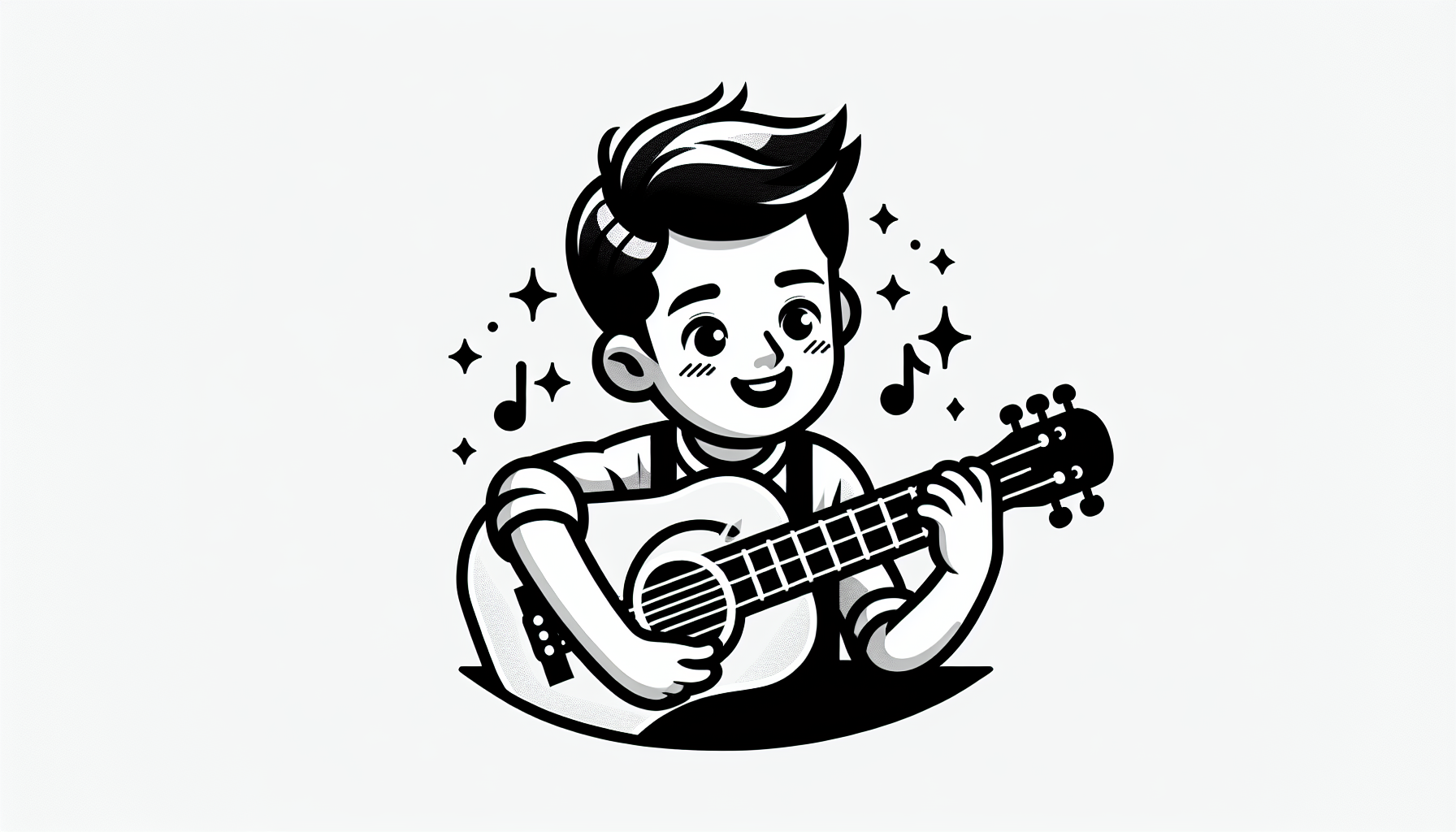 vector black and white icon of a young boy playing a guitar