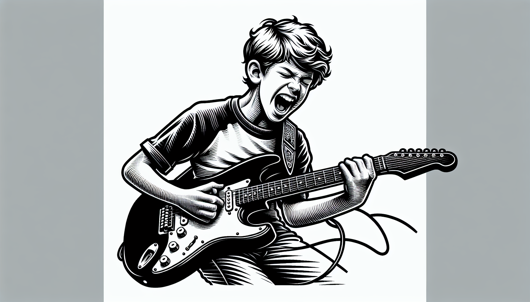 vector black and white icon of a young boy playing rock electric guitar