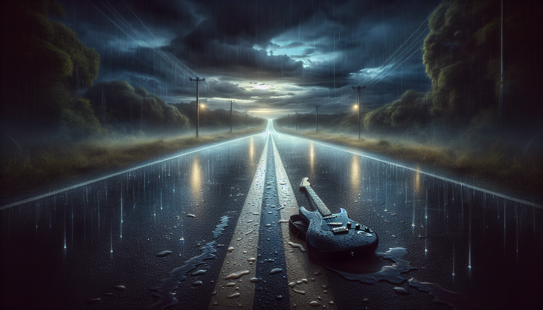 a dark electric guitar flat on an empty road at night in a rainy weather. 