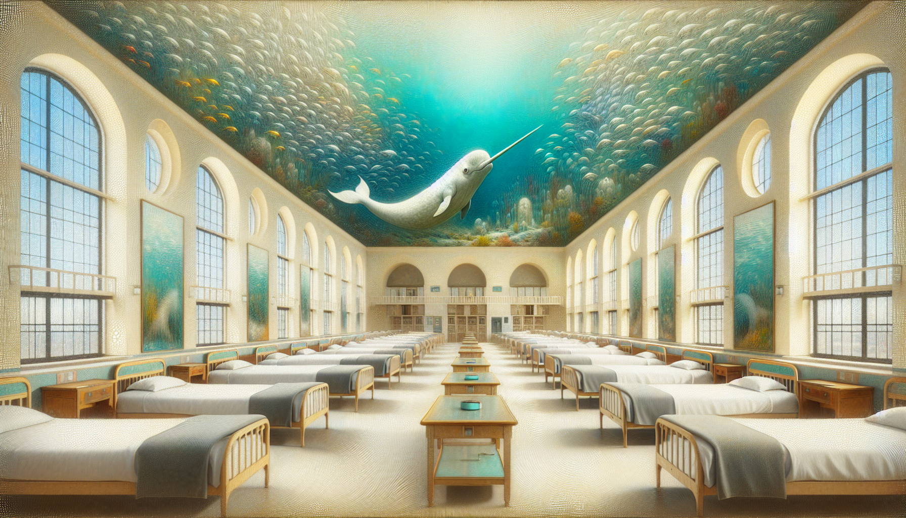 Colors; ivory and aquamarine

Mascot; narwhal decor

Element; water

The aquarium lounge and dorm

Grand dormitory, many beds