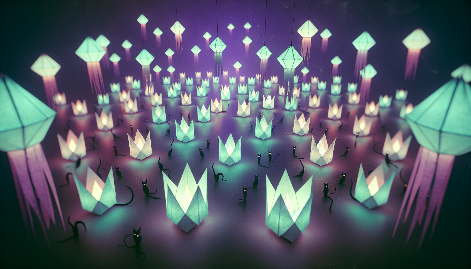 Haunted Origami Lantern Festival
•	Title: Paper Shadows
•	Mood: Serene, meditative, glowing elegance
•	Composition: Symmetrical lantern rows with black cats weaving between origami folds
•	Camera Angle: Overhead shot for symmetry, slight depth blur
•	Techniques: Paper texture overlays, glowing lantern cores, soft vignette
•	Palette Focus: Seafoam Green lanterns, Soft Lilac glow, Deep Plum night sky, Cobalt Blue accents
•	Style Tags: #OrigamiArt #LanternGlow #MinimalSurrealism

