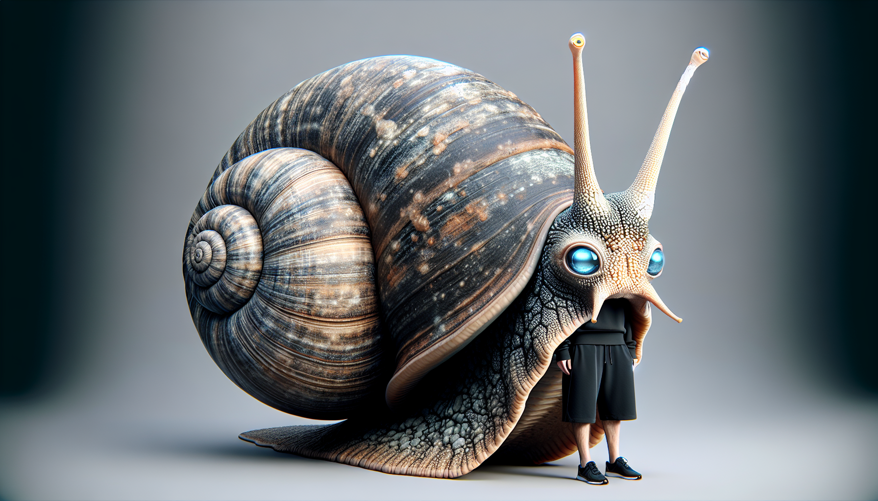 A detailed digital art piece of a large snail-like creature wearing black shorts. The creature has a massive, rounded body with a large spiral shell on its back. Its skin is textured with gray and brown mottled patterns, and it has two long, curved antennas protruding from its head. The creature's eyes are blue and alert, set within its rounded snail face and head. The creature's body is stocky and humanoid in shape, with stubby arms and legs. The creature is standing on a plain light gray background. The creature's shell has a weathered, organic texture with darker brown patches and natural wear patterns. The creature is wearing simple black shorts that contrast with its natural coloring. The art style is realistic with a fantasy element, rendered in high detail with careful attention to skin textures and lighting effects.