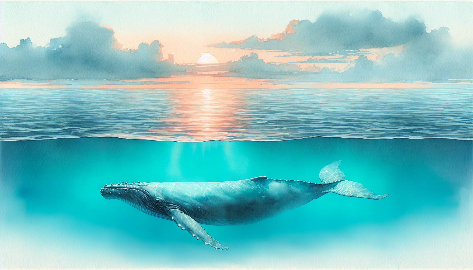 whale on right side of the image swimming in the ocean