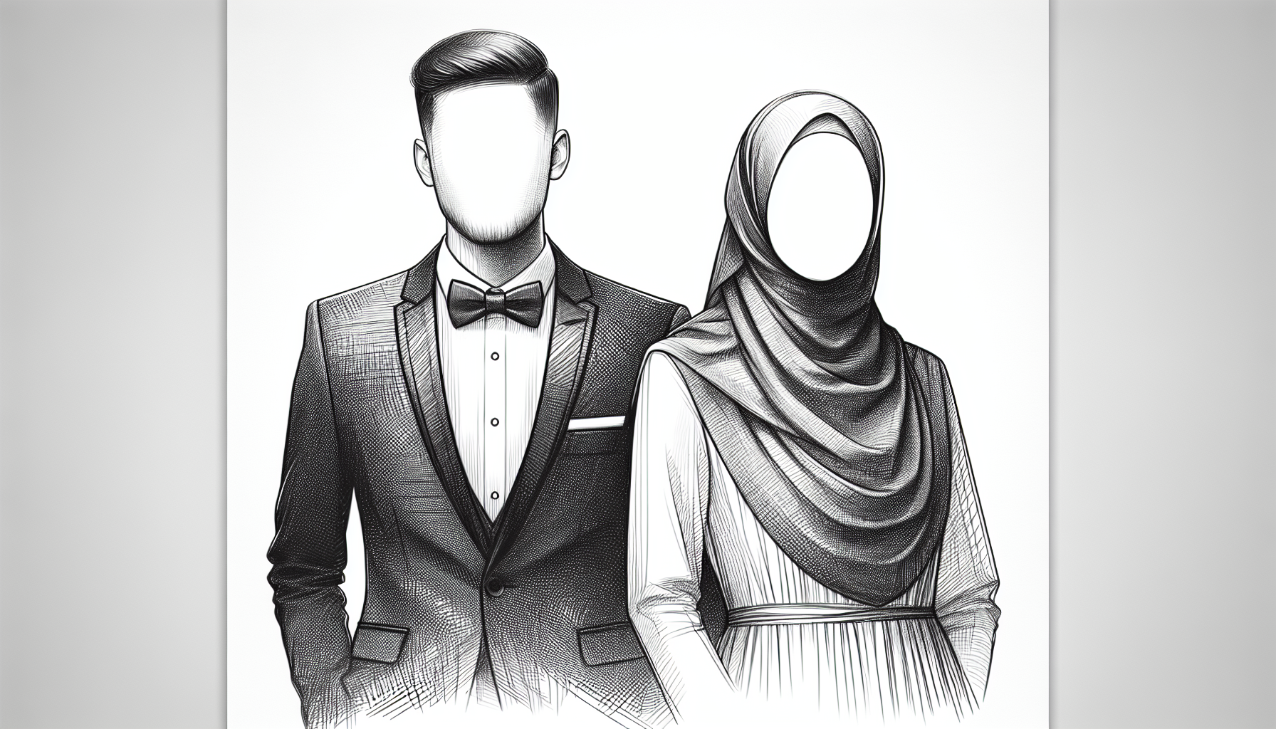 Minimalist pencil sketch of a couple facing the camera, woman wearing hijab and long dress, man wearing tuxedo with no bow tie, simple background no facial features