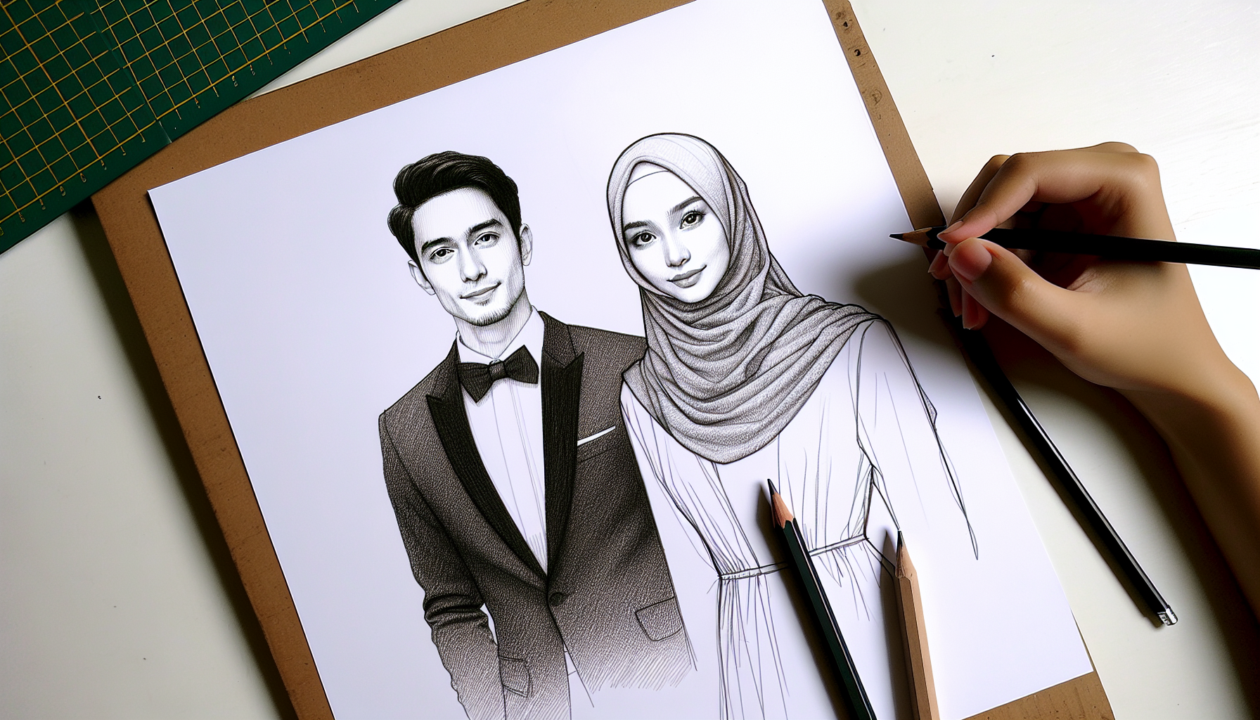 "Minimalist "pencil sketch of a couple facing the camera, woman wearing hijab and long dress, man wearing tuxedo "with no bow tie", simple background no facial features as simple as possible