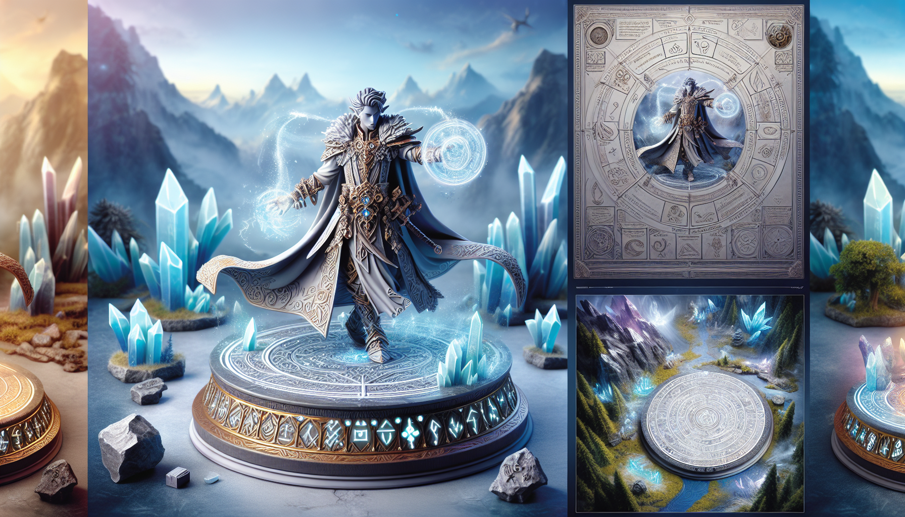 "Turn this person into a highly detailed fantasy RPG figurine, dressed in an intricate, ornate costume adorned with magical symbols and accessories. Pose them heroically, as if ready for battle or casting a powerful spell. Place the figurine on a mystical display base engraved with glowing runes, surrounded by a miniature fantasy environment featuring shimmering crystals, enchanted trees, and subtle magical energy effects."