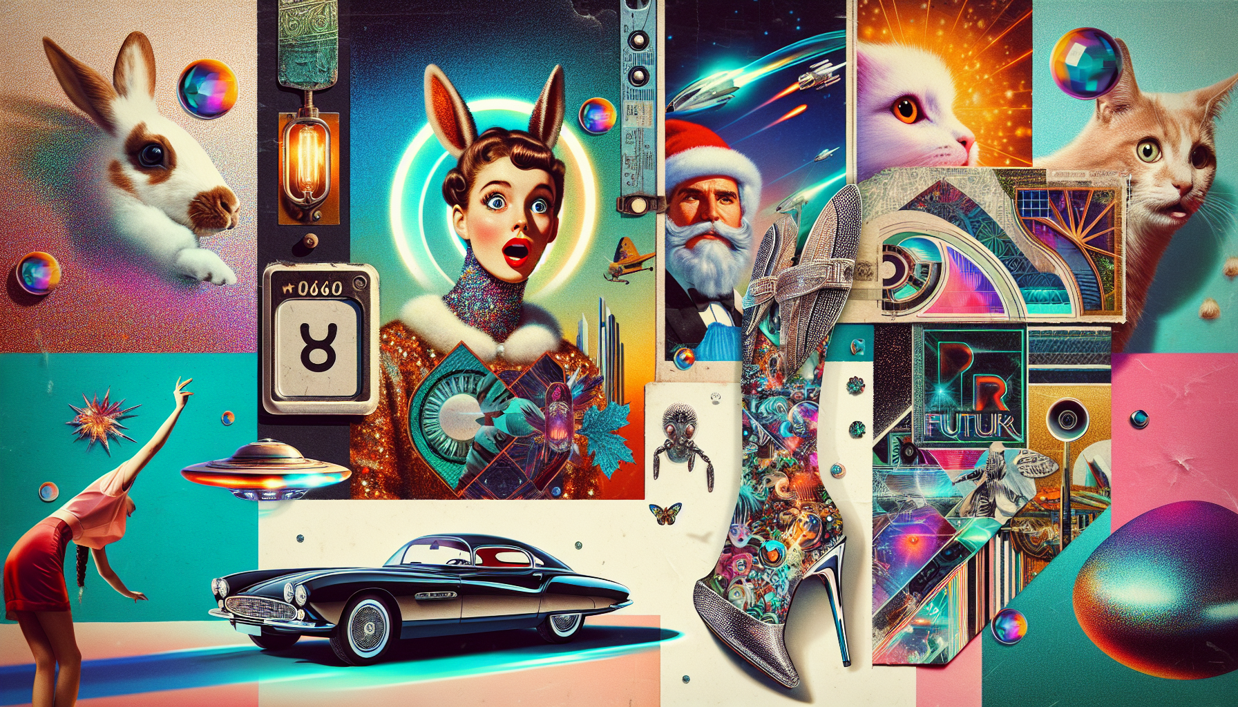 A glossy magazine cover in the style of a fashionable futuristic collage.
The cover features a vibrant, surreal composition of realistic images:

a horse's head with a surprised, slightly comical expression;

a stylish girl in an avant-garde outfit from a futuristic designer collection, striking an expressive pose and with glossy lighting;

a fragment of a 1960s Soviet New Year's card with Santa Claus and a bunny, slightly worn, added as a vintage element to the collage;

a futuristic shoe with an ornate, curved heel, shiny, as if from a fantasy world;

a small flying saucer hovering over the girl's shoulder;

a cutting-edge car with smooth, aerodynamic shapes reflecting neon lights. All of this is assembled into a single collage with a glossy texture, a rich color palette, and a subtle surrealist accent.
At the top is the logo of a fictional magazine in large font (for example, "BURDA FUTURA"), and below are decorative captions reminiscent of fashion magazines: "New Year of the Future," "Fantasy in Glitter and Chrome."
The lighting is studio-quality, contrasting, and the background is minimalist, white or light pastel, to highlight the collage elements.
The atmosphere is ironic, fashionable, and surreal, as if Vogue meets Tekhnika-Molodezhi magazine.