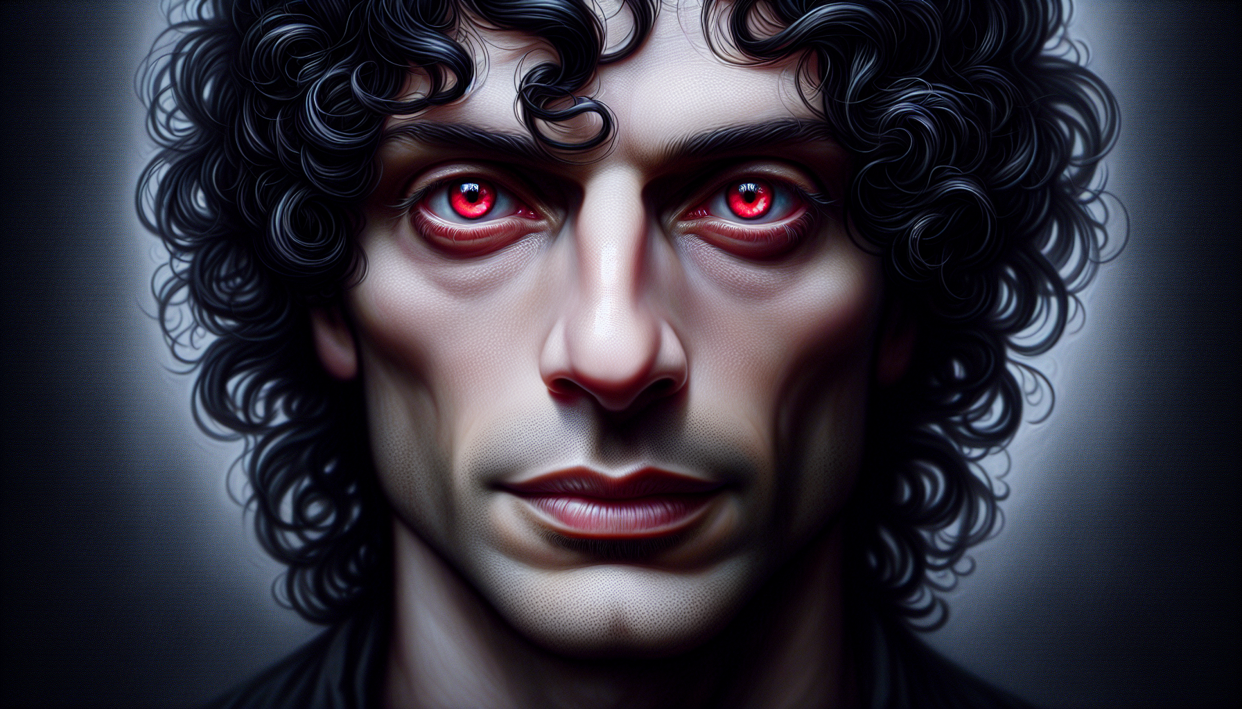 Male with curly Black hair, pale skin and red eyes