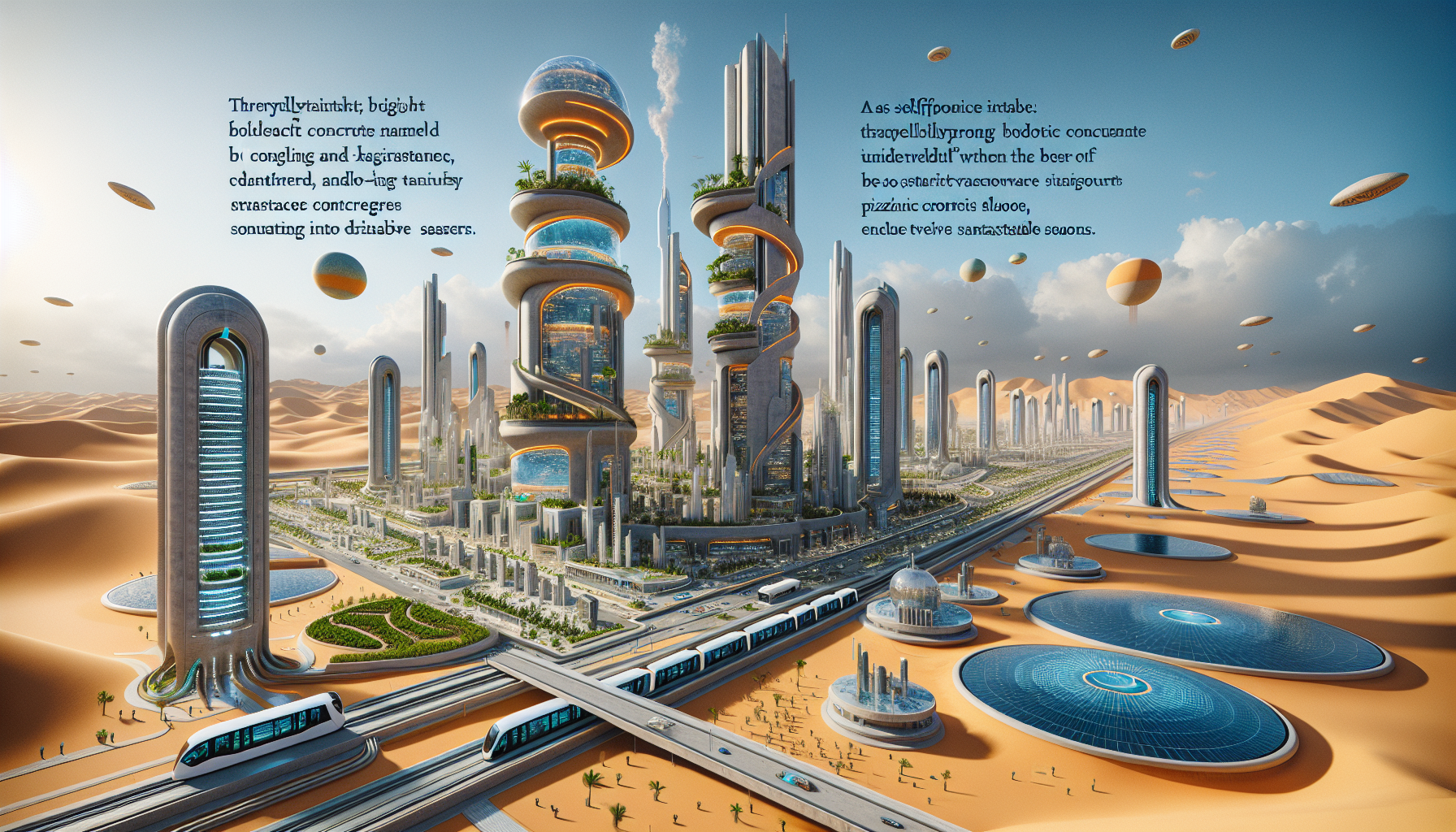 Introduction and Problem

Hello everyone,
Climate change is a major challenge for our society today. It causes higher temperatures, more natural disasters, and faster desertification. Already, about one third of the Earth’s land is dry or desert, and this number could reach 42% by 2050 and 48% by 2100. That is why it is important to imagine eco-friendly cities able to live in extreme desert conditions.

So, how can we develop ecological cities in arid regions while reducing their impact on the climate?

First part 

In the heart of the United Arab Emirates desert, As’Sahra, the City of the Desert, wants to face a big challenge: living sustainably in an arid area while reducing pollution. It shows the balance between technology, ecology, and adaptation to extreme heat.

To achieve this, the city uses eco-buildings made of bioluminescent concrete and bio-glass that clean the air. Atmospheric condensers turn air humidity into drinkable water. These innovations help As’Sahra save natural resources, lower heat, and reduce air pollution in the city.

Second part

The second challenge of As’Sahra is to produce clean energy in an extreme environment. The city wants to replace fossil fuels with natural energy sources like the sun and the wind.

It uses smart solar panels that move with the sunlight, while bio-concrete keeps the buildings cool or warm depending on the season. Far from the city, big rotating wind turbines use sandstorms to create electricity. Thanks to these systems, As’Sahra becomes self-sufficient, lowers its carbon footprint, and uses the power of the desert for a greener future.

Third part 

As’Sahra also wants to improve daily life and make transportation eco-friendly. The goal is to reduce city pollution and make the desert greener.

Large green areas with special plants resist heat and need little water, which is collected and reused. People travel using electric Aerobuses, automatic metros, and magnetic trains above the ground. The piezoelectric floors change people’s steps into energy. With all these ideas, every part of As’Sahra helps create clean electricity, purify the air, and build a sustainable city in the desert.