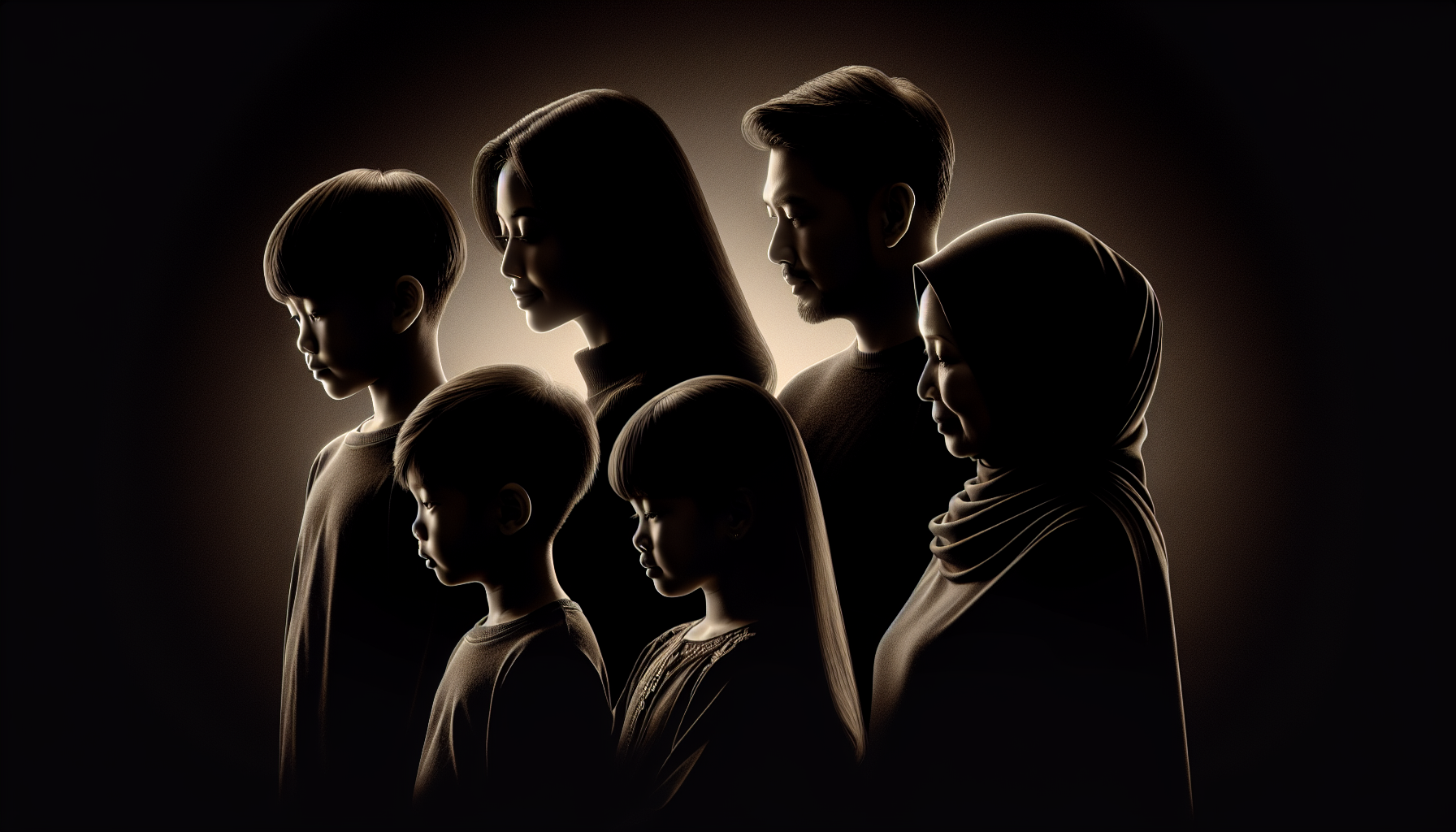 Realistic family side profile portrait on a black background, soft dramatic light, clean silhouettes.