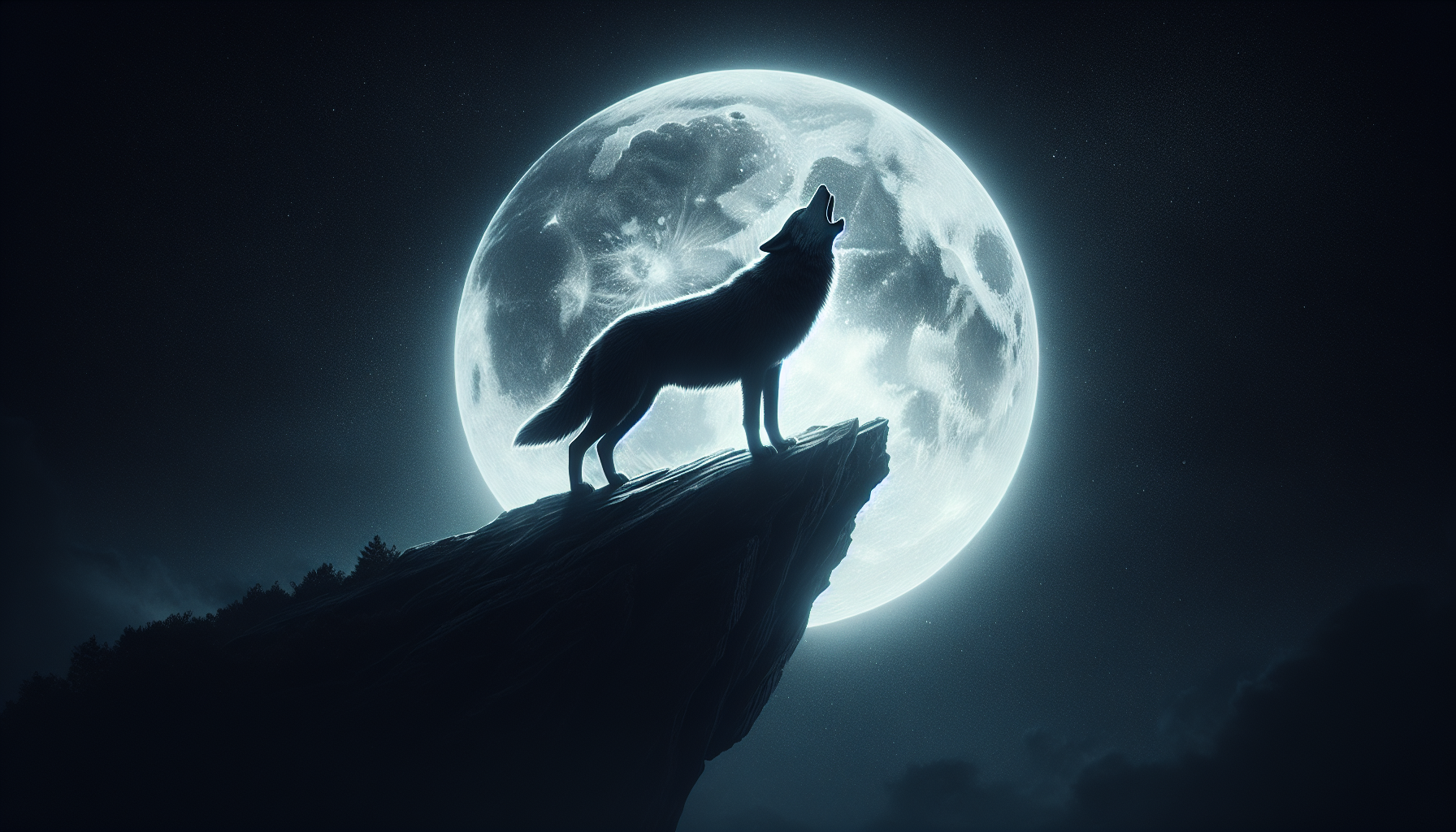 A wolf standing on a cliff howling at the moon.
