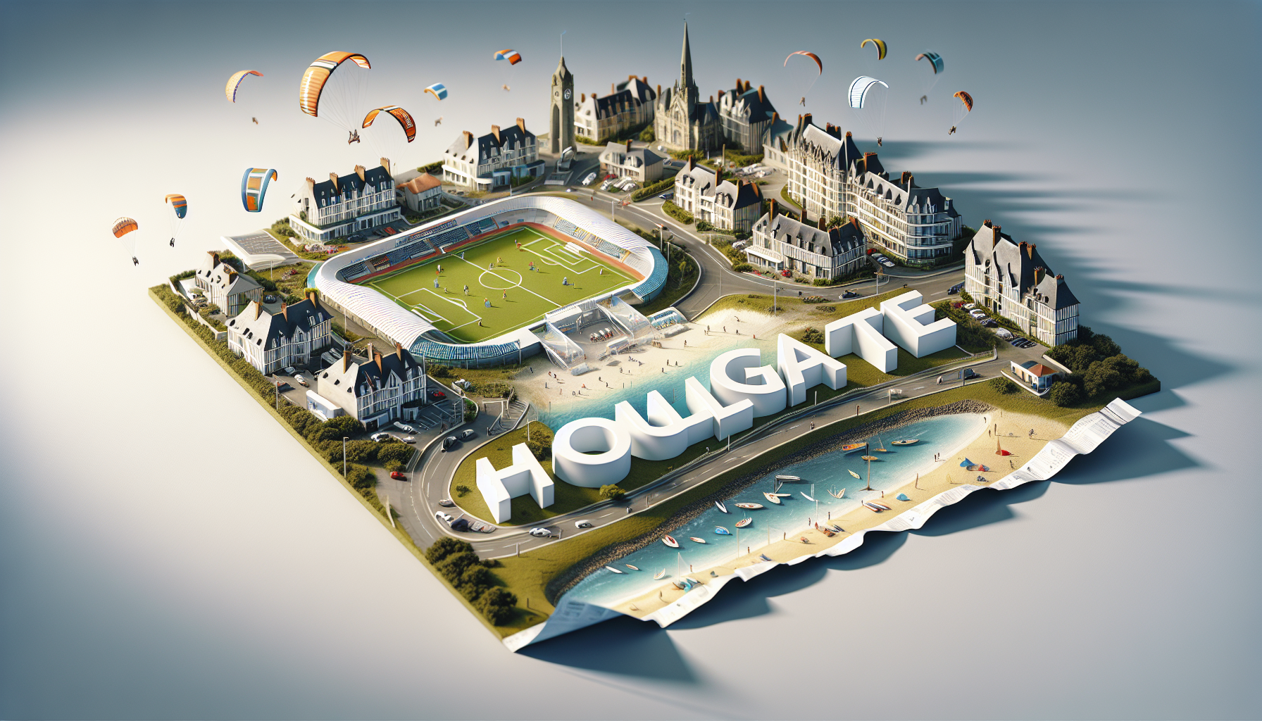 Crée une affiche stylée au format [ratio 2:3] mettant en scène une maquette 3D miniature de HOULGATE, présentant ses principaux monuments tels que la Plage, les Villas de style anglo-normand, le Grand Hôtel, et le Centre Sportif de Normandie qui sera modélisé par un gymnase et un stade de Football (sans tribune) entouré d'une piste d'athlétisme. Le tout surgissant à travers une carte du monde physique déchirée et disposée horizontalement, le tout parfaitement intégré dans la composition. Un rendu 3D épuré, de couleur blanche, du nom de la ville « HOULGATE » doit se fondre de manière organique dans le paysage urbain ou la ligne d’horizon. Utilise un angle de caméra dynamique et une perspective dramatique pour donner de la profondeur visuelle. Applique des couleurs naturelles mais vibrantes reflétant le caractère de la ville — par exemple tons ensoleillés, chauds et venteux. On voit la plage, des cerfs volants et des kite-surfs dans l'eau. Emploie un éclairage de type studio pour un contraste net et riche en détails, et place la composition sur un fond blanc épuré. 
