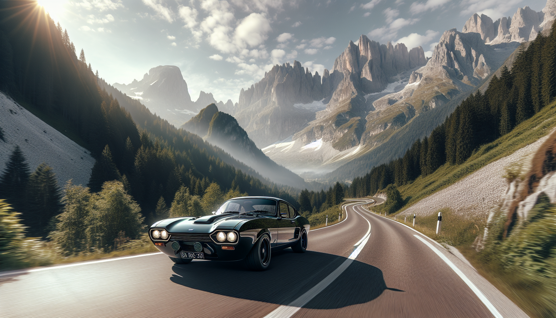 modern, black, Ford Capri on an italian mountain road