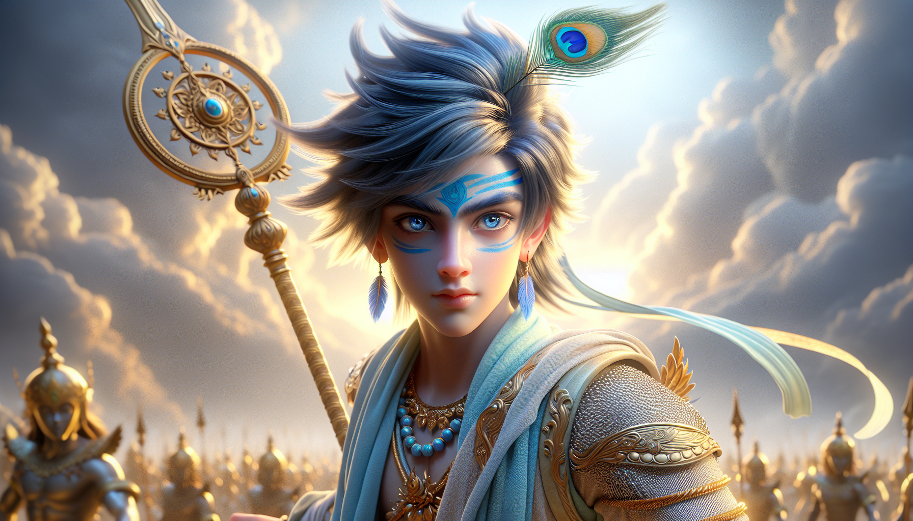 Teenage Warrior Krishna, blue skin, sharp youthful features, glowing aura, peacock feather in hair, light golden warrior armor, divine energy around him, holding Sudarshan Chakra, intense yet innocent expression, battlefield background with soft dramatic clouds, cinematic lighting, HD detailed illustration