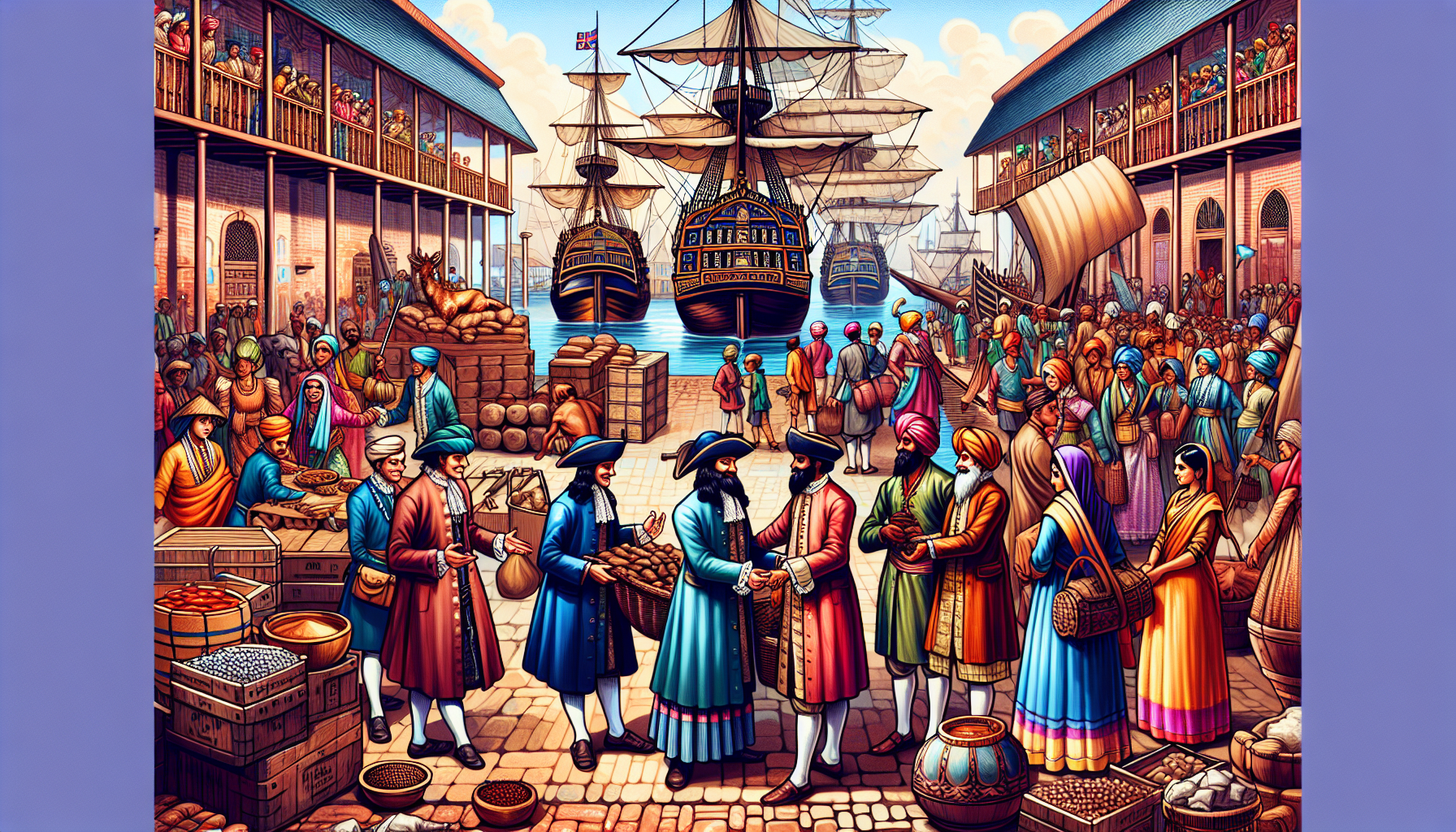 British traders exchanging goods like spices, cotton, and silk with Indian merchants at a port.