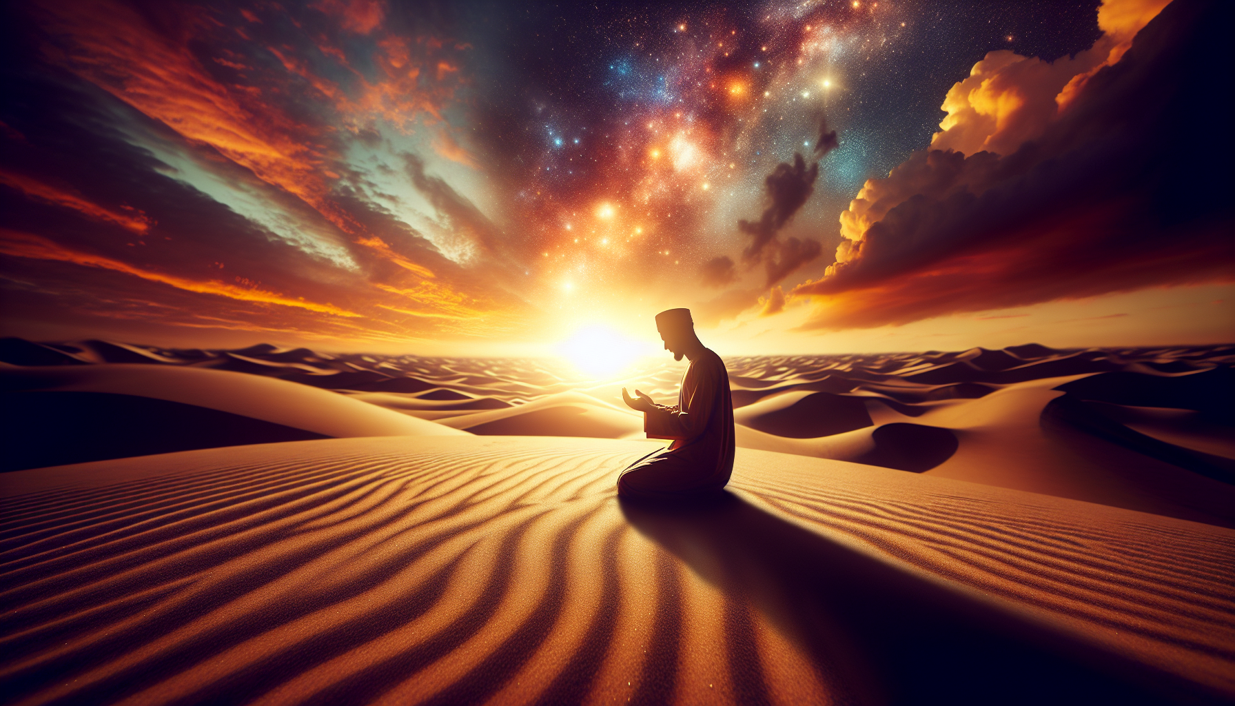 Islamic cinematic scene, dramatic lighting, desert background, praying figure silhouette, ultra detailed